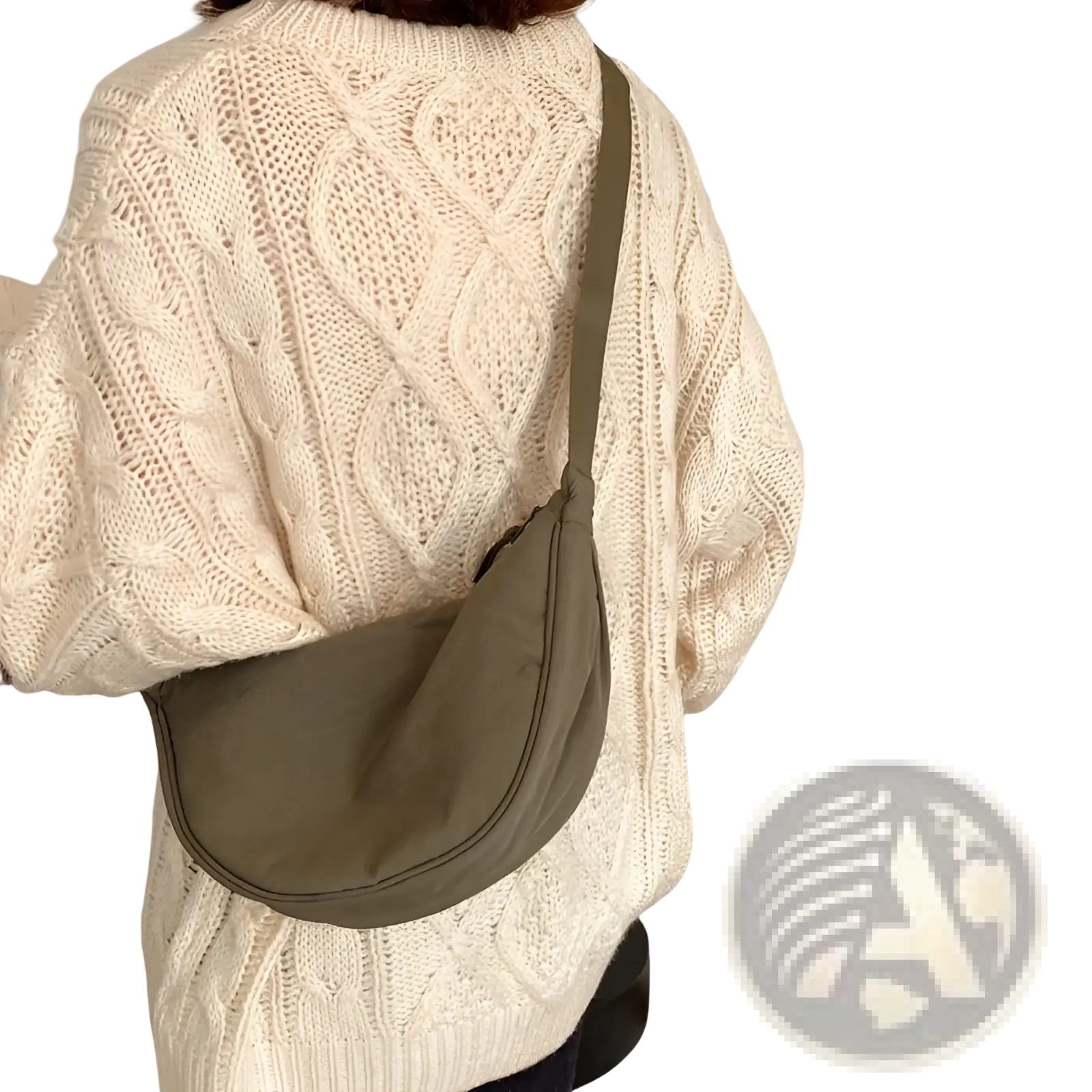Olive green nylon dumpling messenger bag with a curved minimalist design and crossbody strap for easy carrying