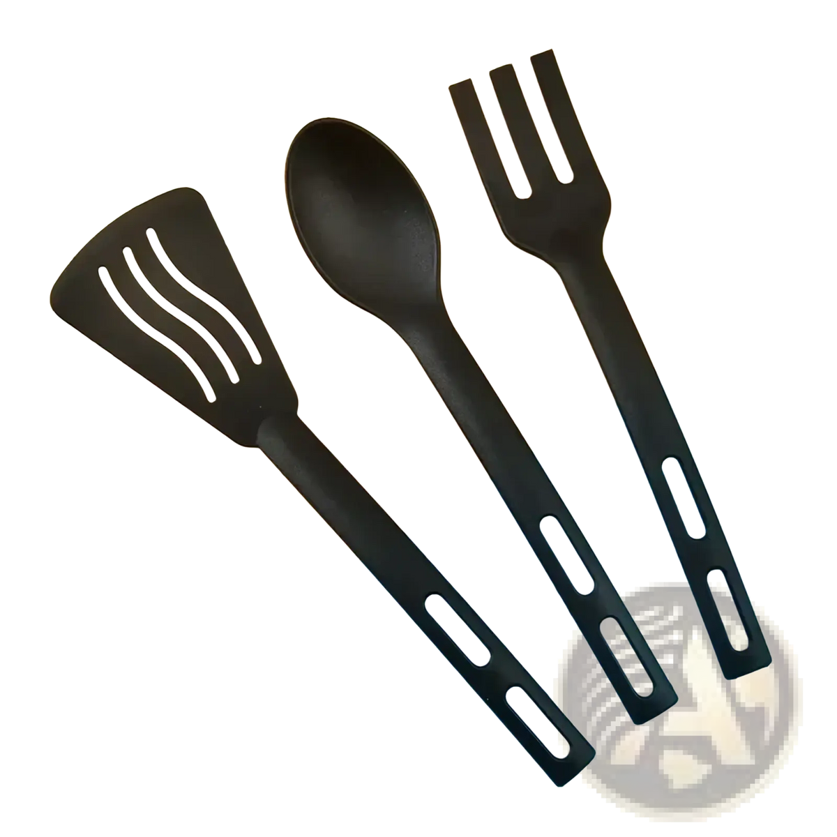 Nylon kids kitchen utensil set with black plastic slotted spatula spoon and fork featuring ergonomic handles