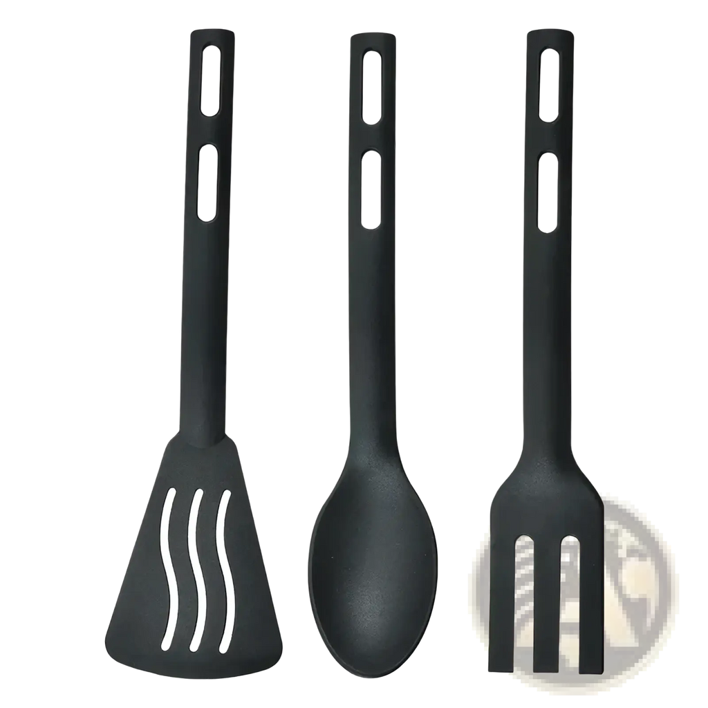 Black silicone nylon kids kitchen utensil set featuring spatula with wavy slits spoon and fork for cooking use