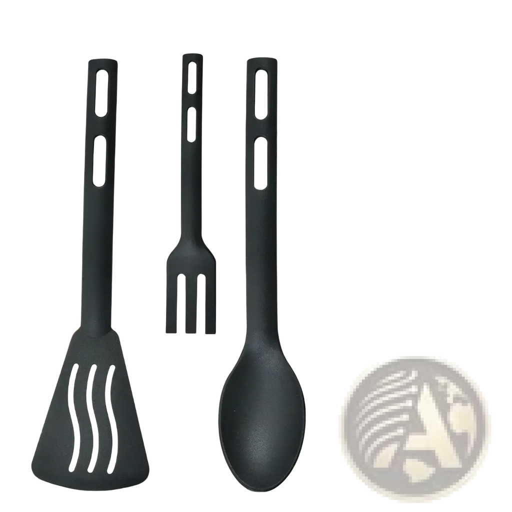 Black nylon kids kitchen utensil set with silicone spatula fork and spoon featuring ergonomic handles and textured grips
