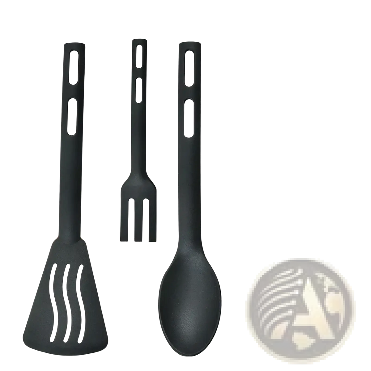 Black nylon kids kitchen utensil set with silicone spatula fork and spoon featuring ergonomic handles and textured grips
