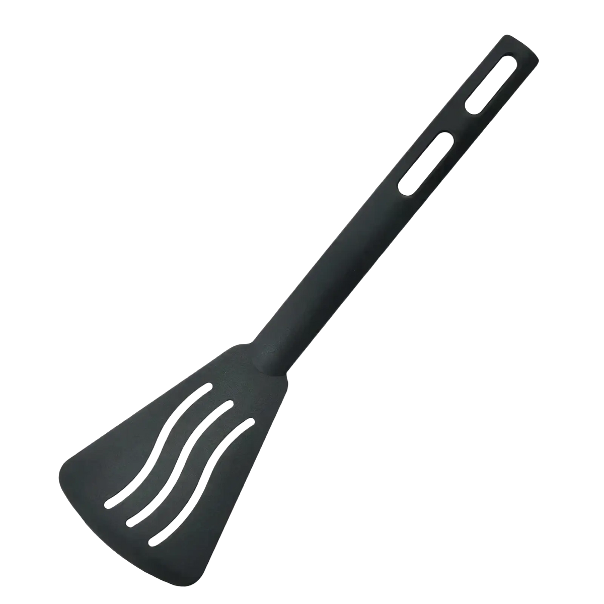 Black silicone spatula from nylon kids kitchen utensil set with ergonomic handle and wave patterned flat head