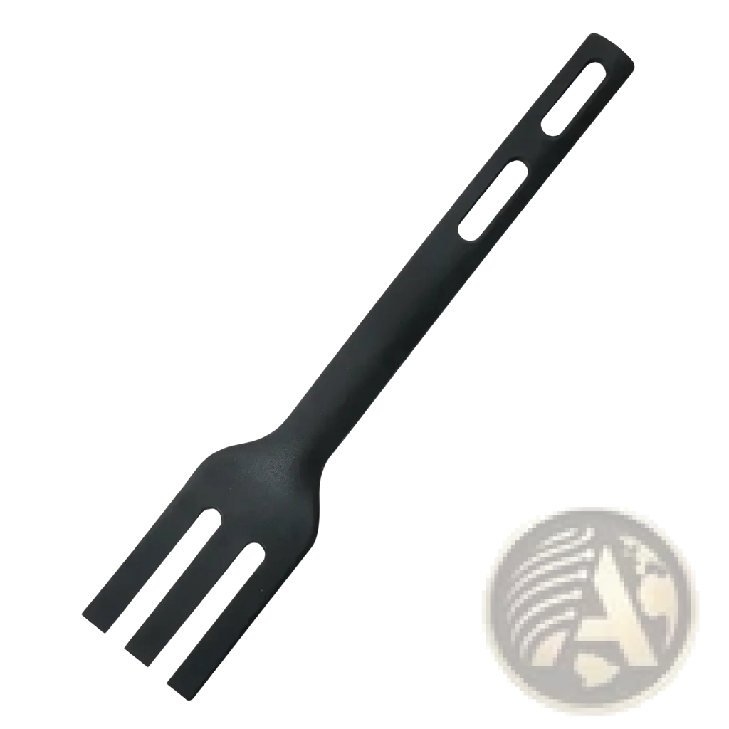 Black silicone spatula with long handle, two cutouts, and three tines from nylon kids kitchen utensil set