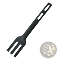 Black silicone spatula with long handle, two cutouts, and three tines from nylon kids kitchen utensil set