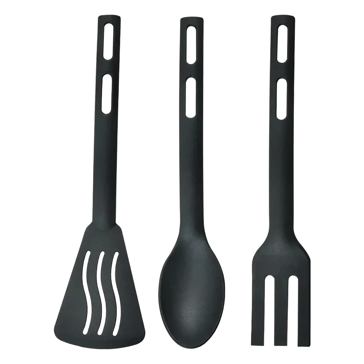 Set of three black silicone kitchen utensils including spatula spoon and fork in nylon kids kitchen utensil set