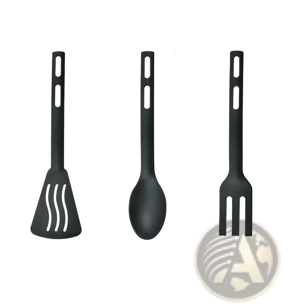 Set of three black nylon kids kitchen utensils including spatula spoon and fork made of silicone