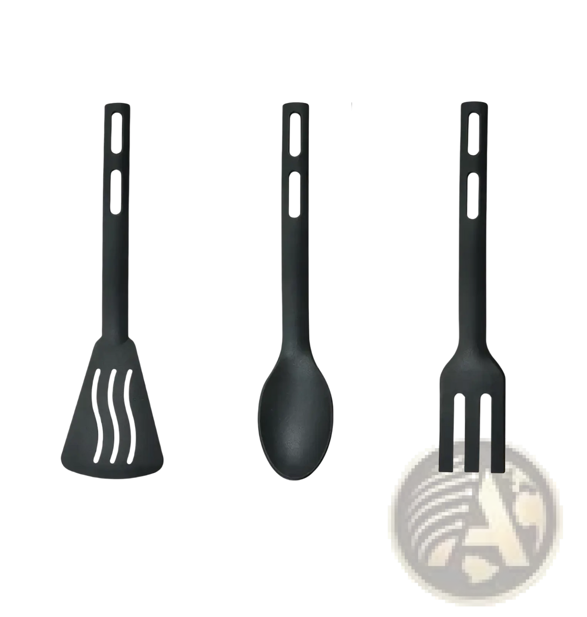 Set of three black nylon kids kitchen utensils including spatula spoon and fork made of silicone