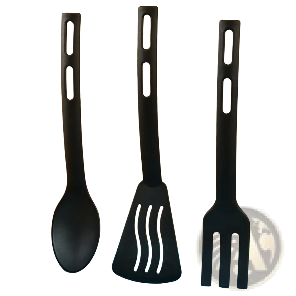 Set of three black silicone kitchen utensils including spoon spatula with wavy slits and fork for kids cooking use