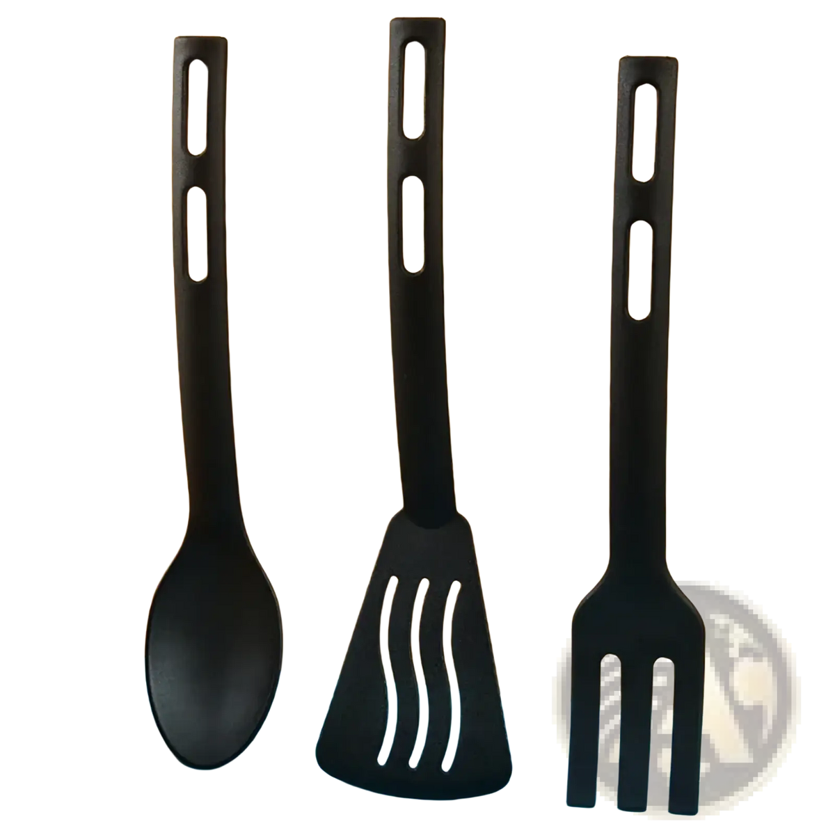 Set of three black silicone kitchen utensils including spoon spatula with wavy slits and fork for kids cooking use