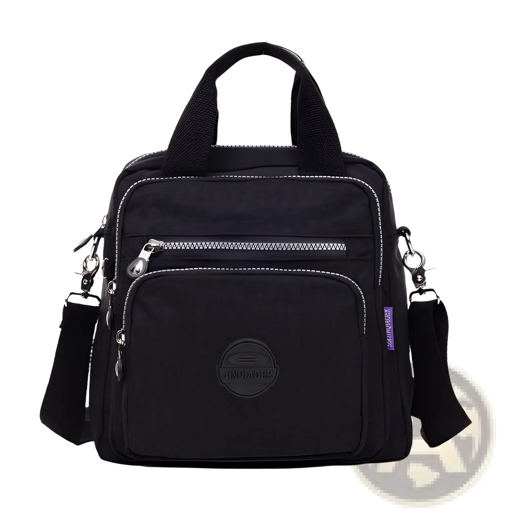 Black nylon messenger bag with silver zippers and circular logo patch featuring multiple zipper compartments