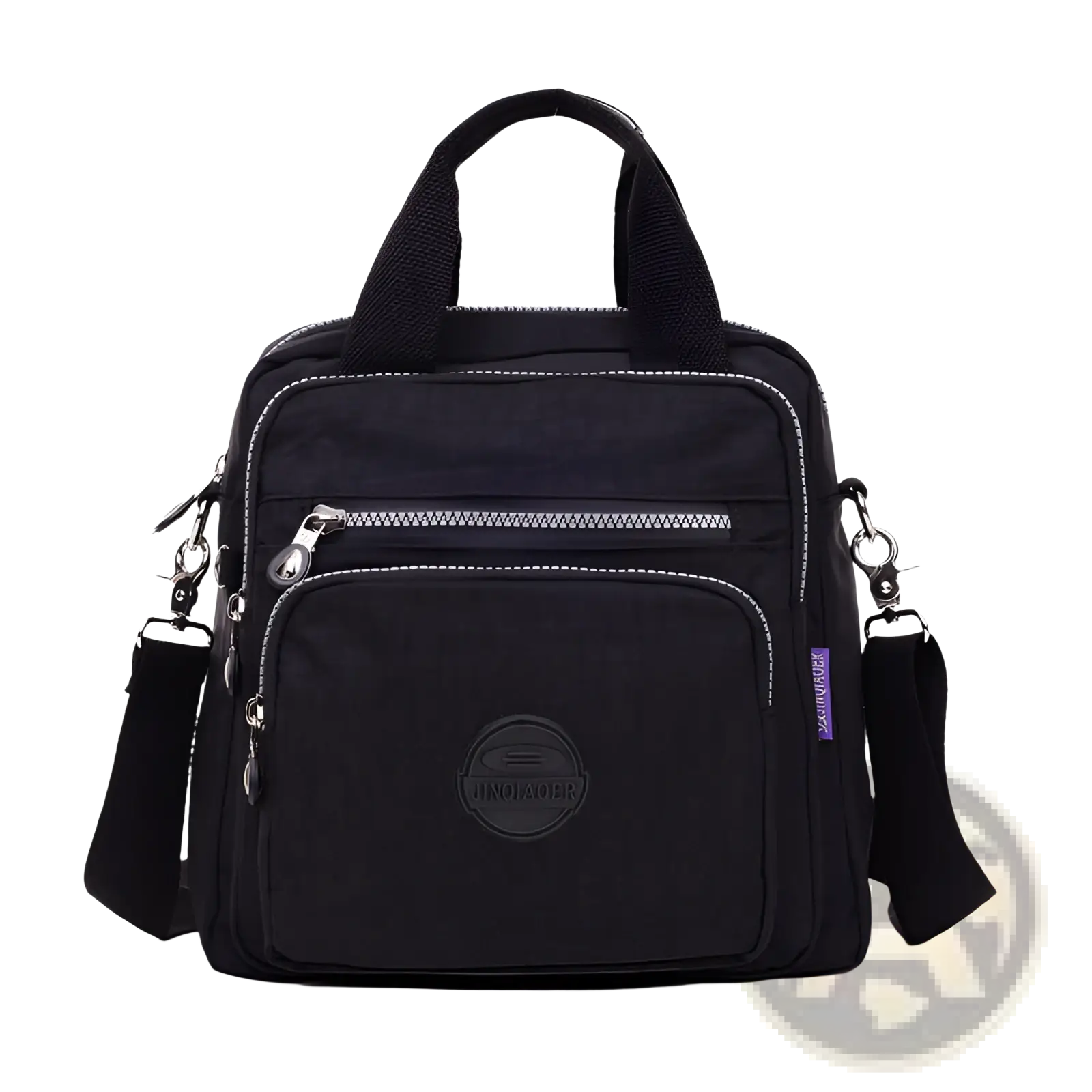 Black nylon messenger bag with silver zippers and circular logo patch featuring multiple zipper compartments