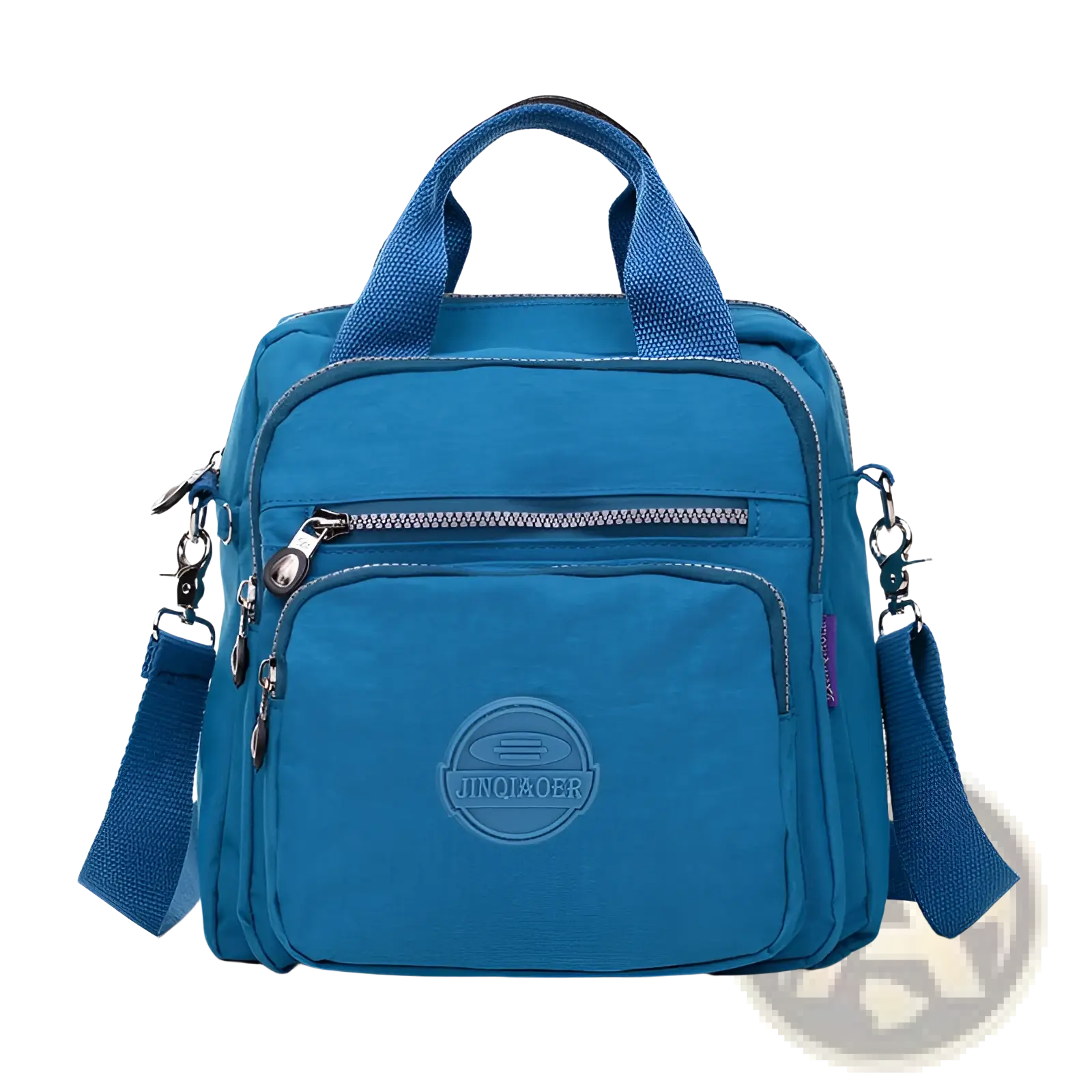 A vibrant blue nylon messenger bag with sturdy fabric body, dual handles, and adjustable strap for versatile use