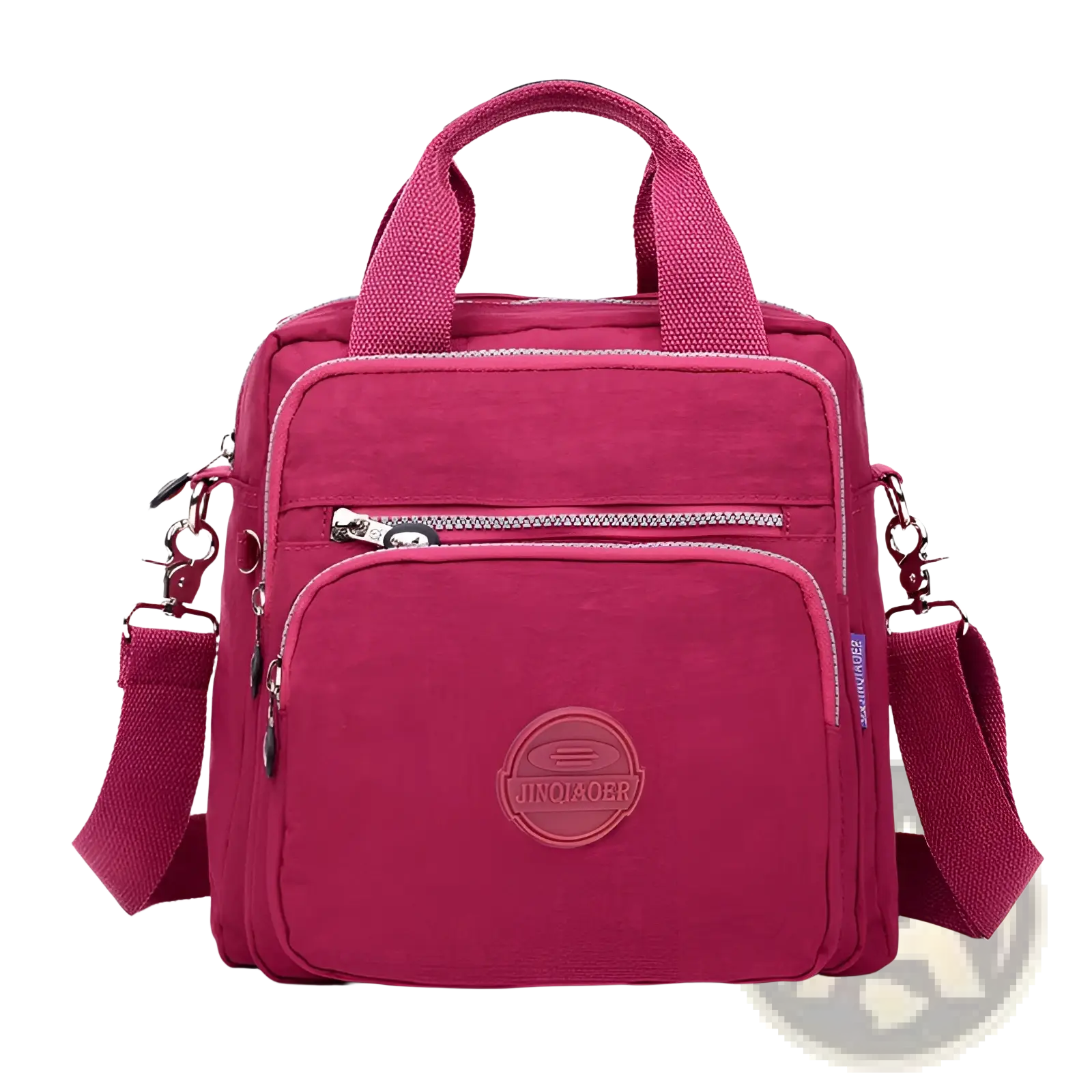 A vibrant magenta nylon messenger bag with multiple zippered compartments and an adjustable shoulder strap