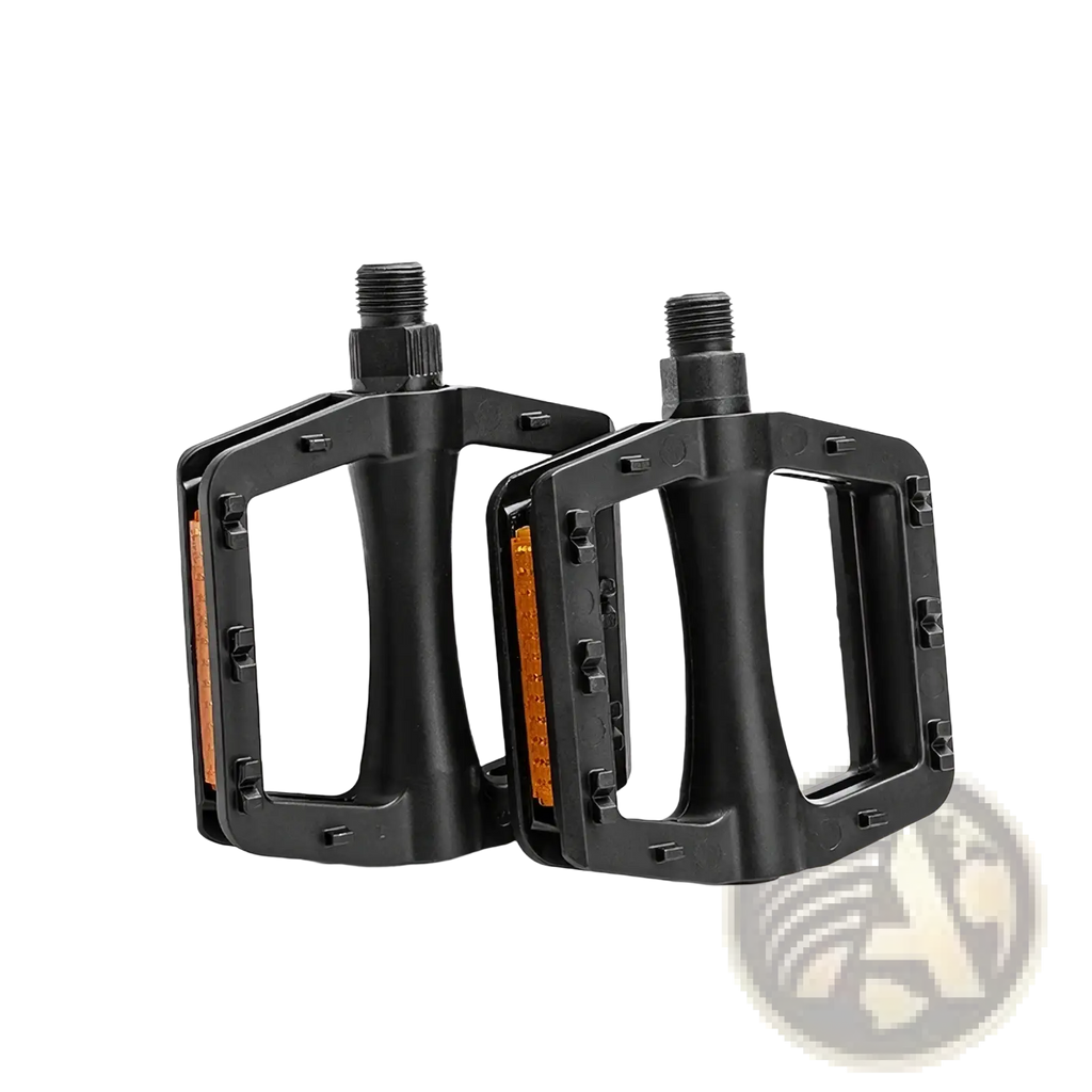 Black nylon mountain bike pedals with orange reflective strips on the sides for enhanced visibility