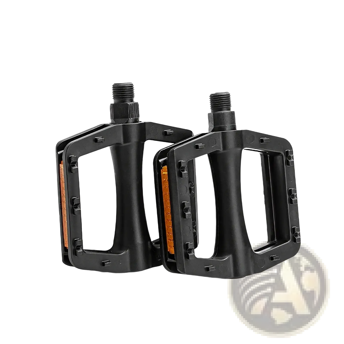 Black nylon mountain bike pedals with orange reflective strips on the sides for enhanced visibility