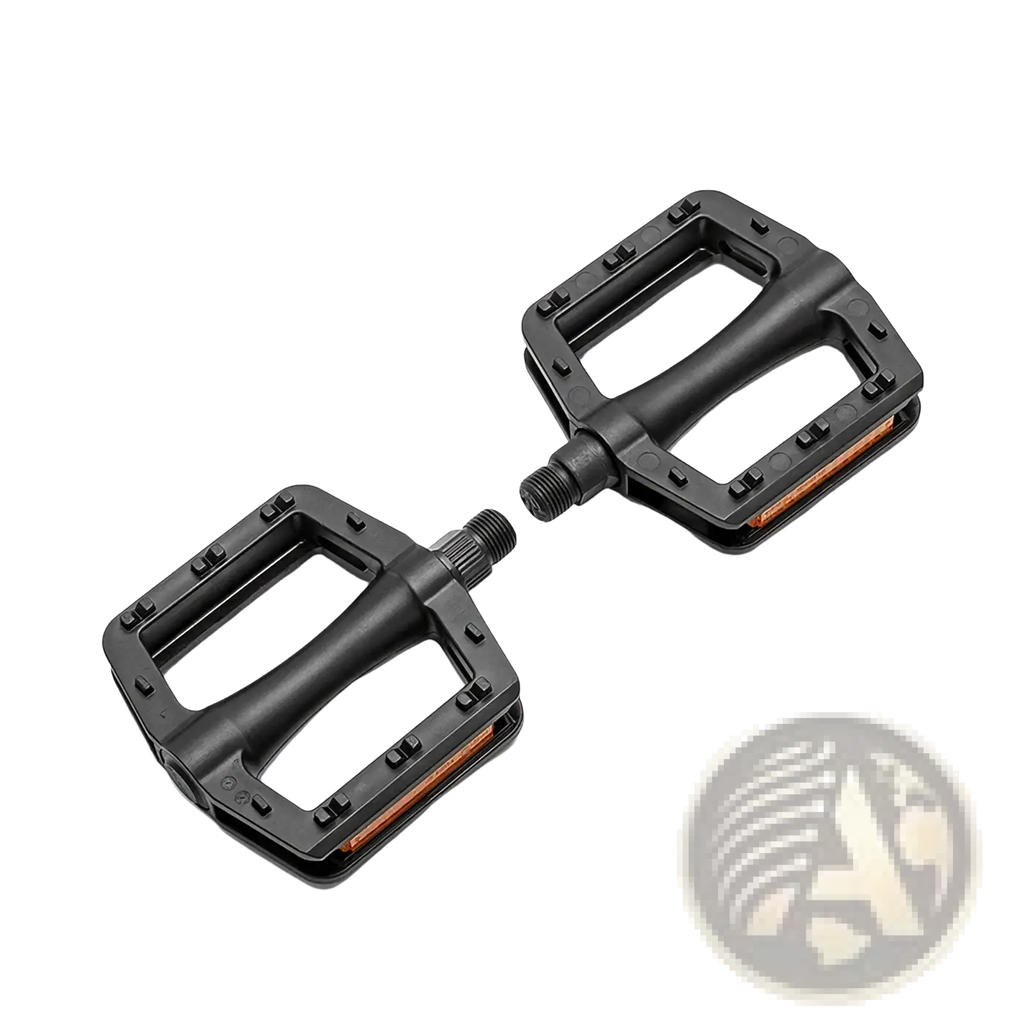 Black nylon mountain bike pedals with ergonomic rectangular design and orange reflective strips on the back side