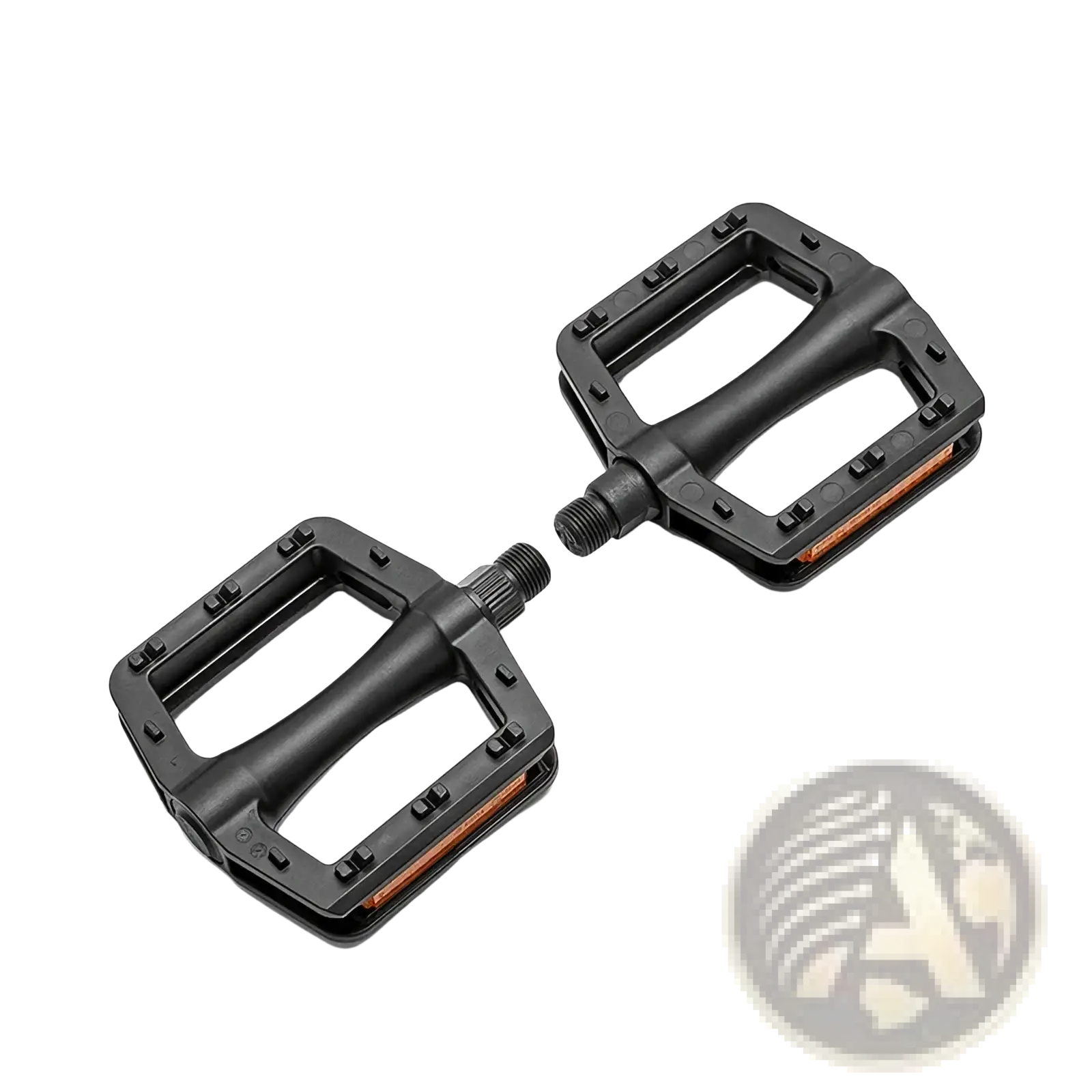 Black nylon mountain bike pedals with ergonomic rectangular design and orange reflective strips on the back side