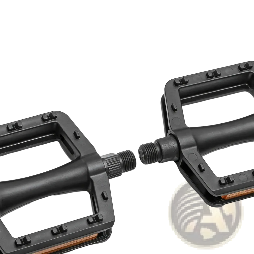 Black nylon mountain bike pedals with sturdy rectangular design and textured grip surfaces with reflectors