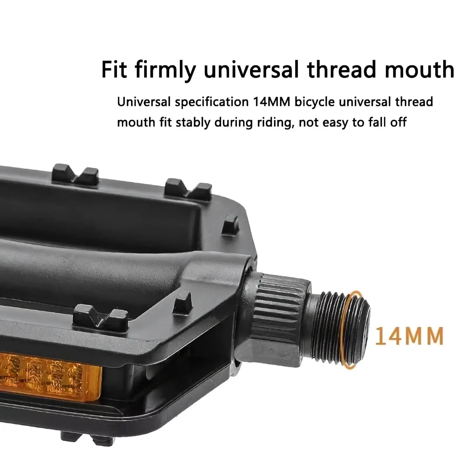 Nylon mountain bike pedal in black with 14mm universal thread and amber led reflector on footplate