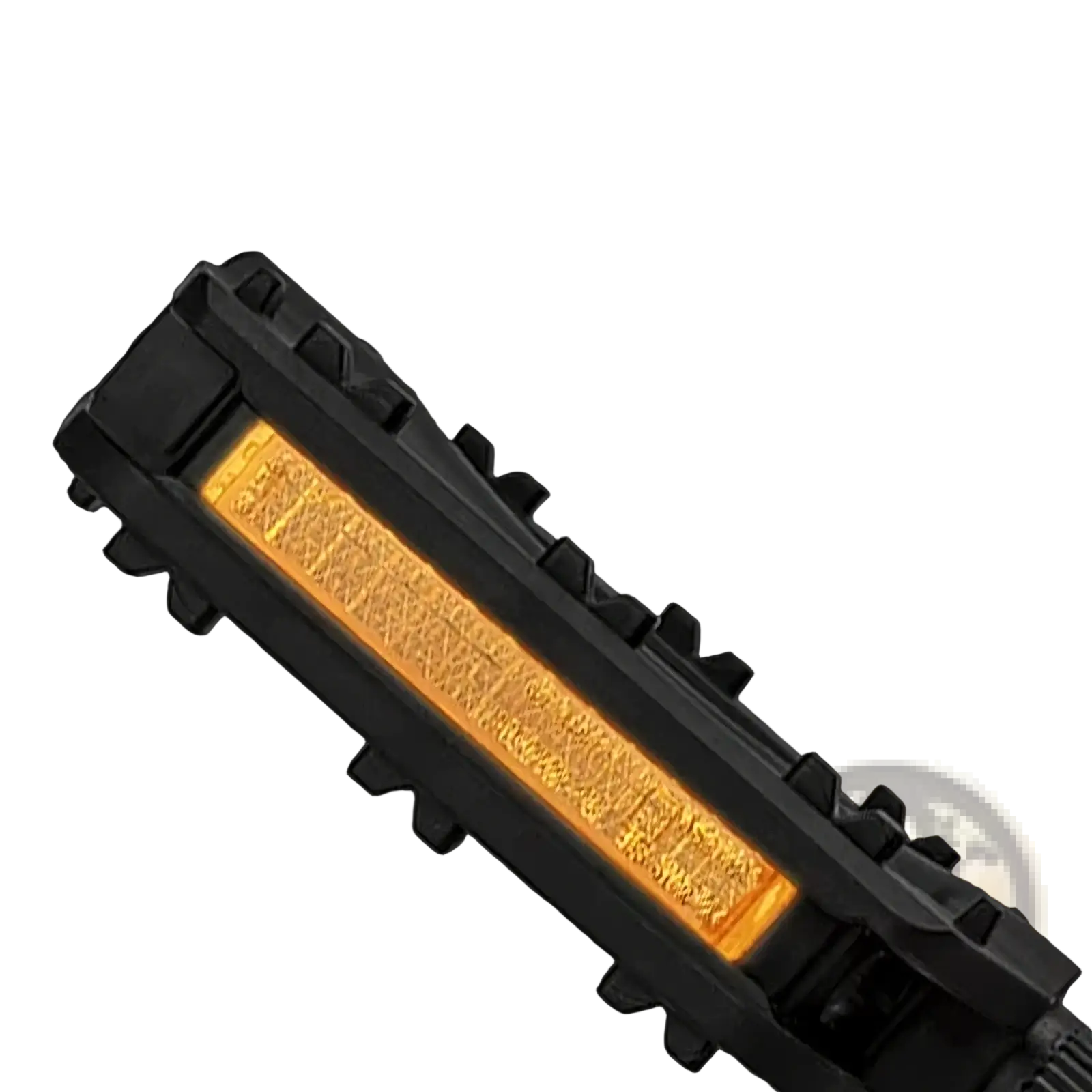 Black nylon mountain bike pedals with black tactical led light bar and glowing amber reflective strip on the back side