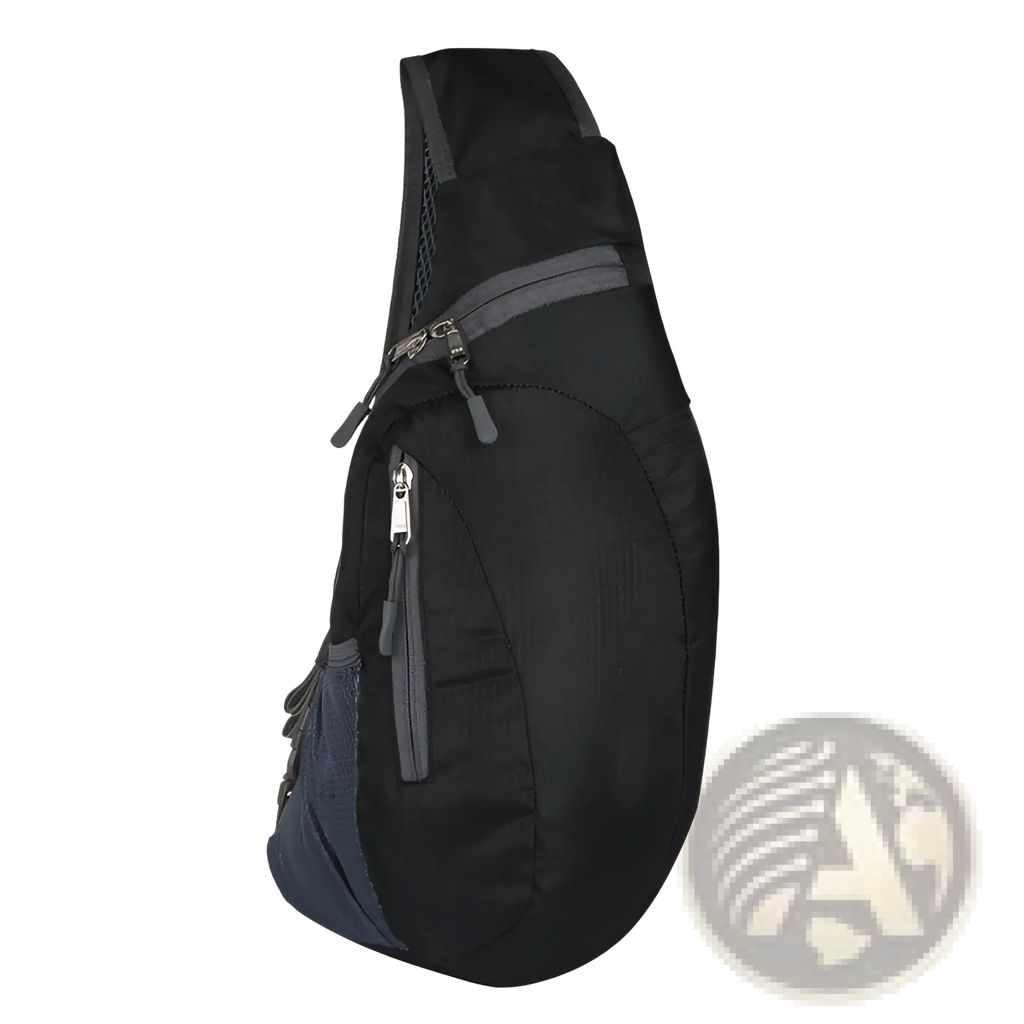 Black and navy blue nylon sling bag with gray zipper pulls waterproof crossbody shoulder backpack designed for daily use