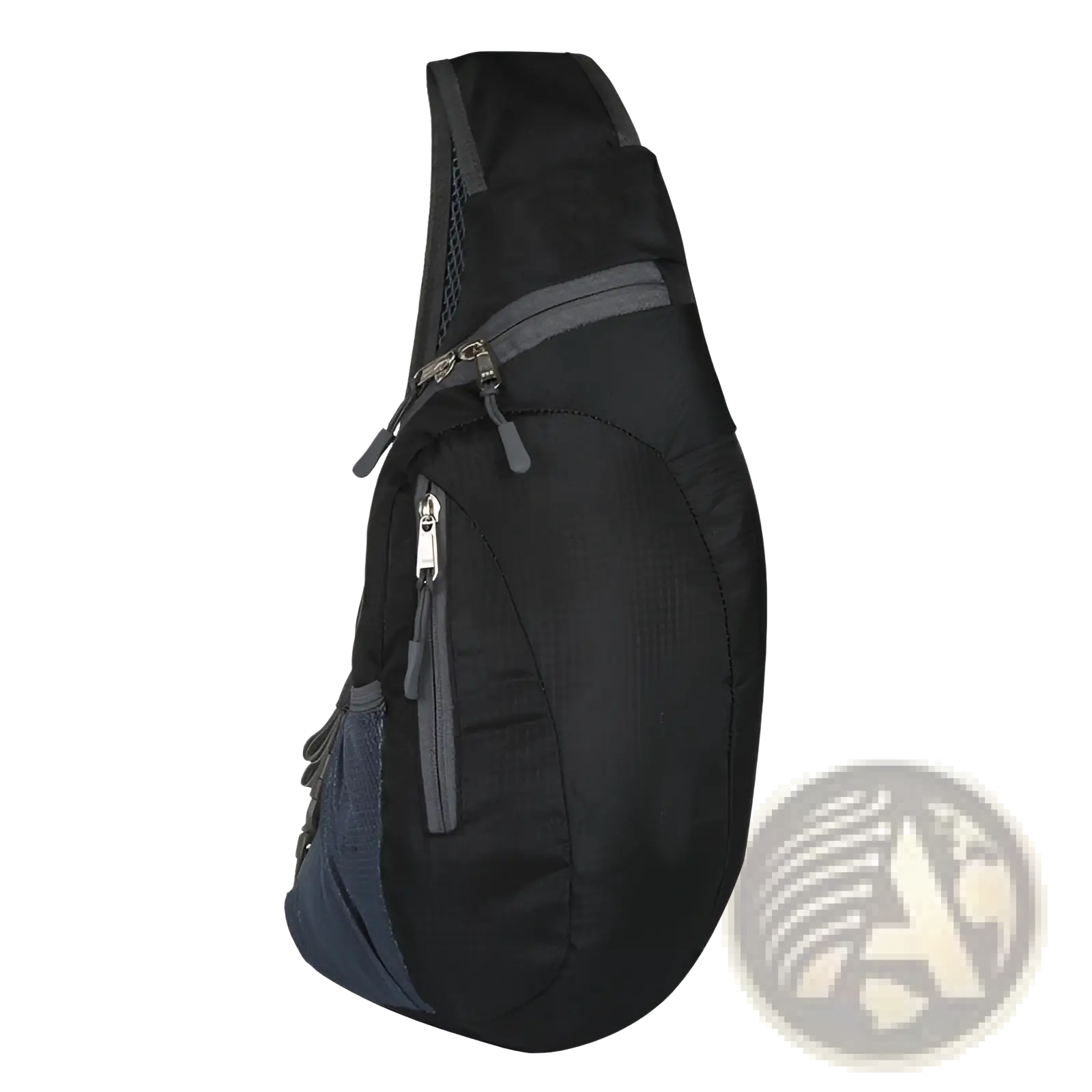 Black and navy blue nylon sling bag with gray zipper pulls waterproof crossbody shoulder backpack designed for daily use