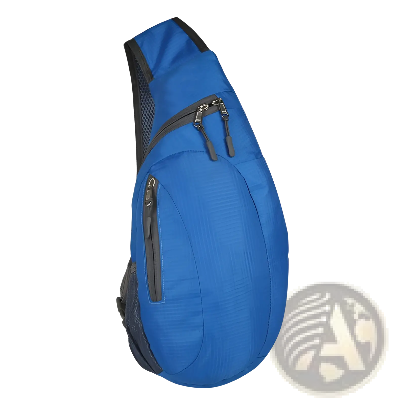 Blue foldable nylon sling backpack with black mesh zipper accents waterproof crossbody shoulder bag