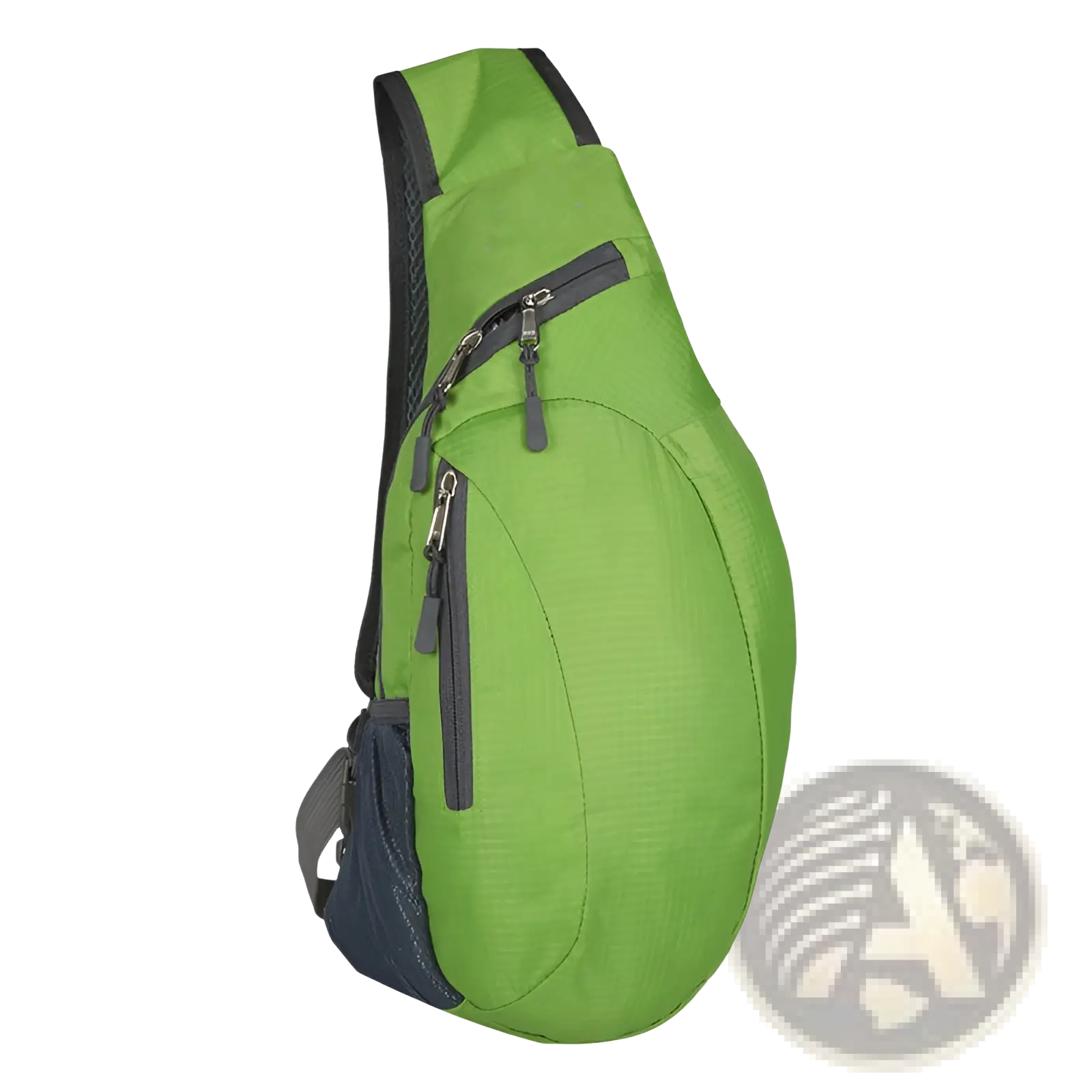A vibrant lime green nylon sling bag with black zippers and navy blue side pocket foldable crossbody backpack