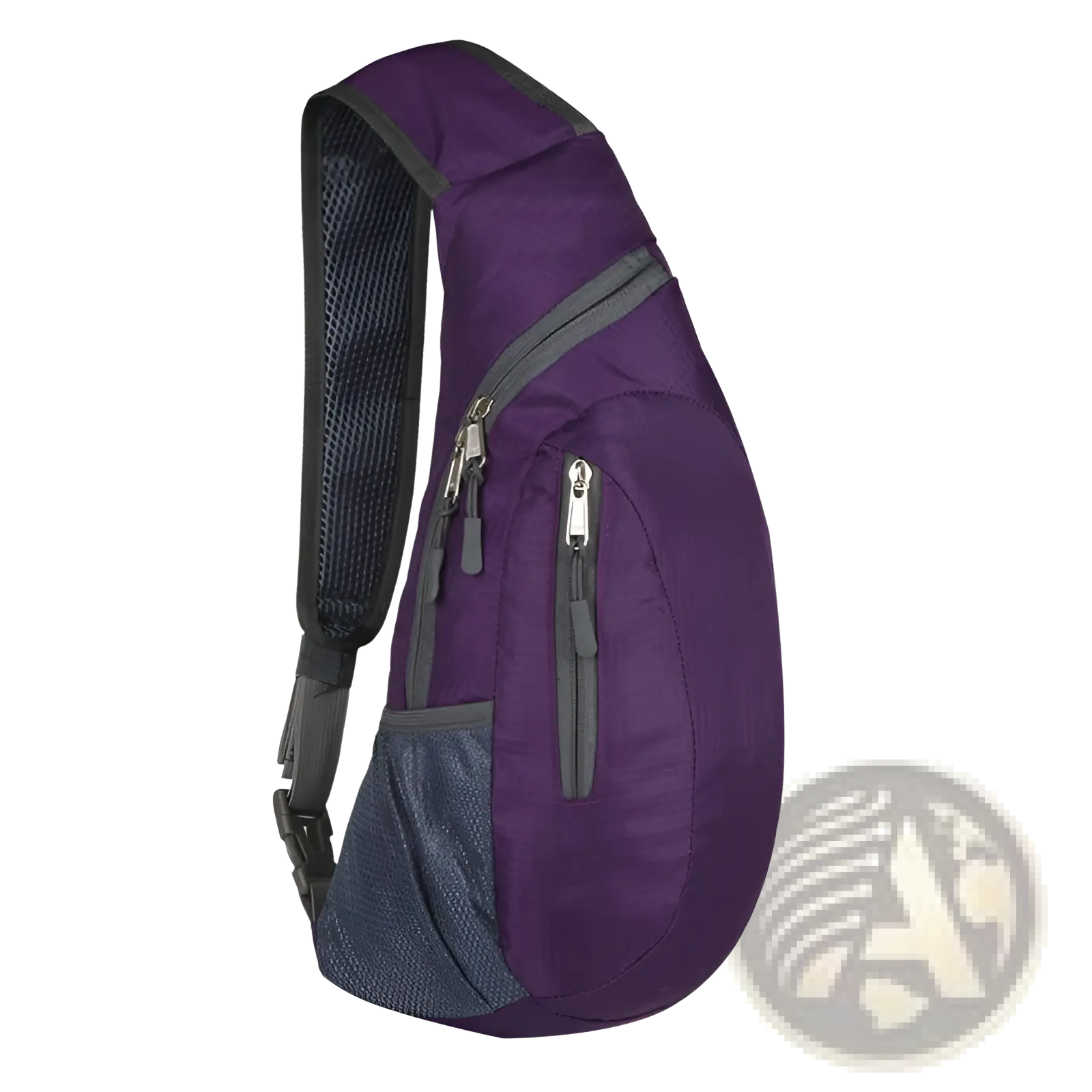 Purple nylon sling bag with black mesh shoulder strap and gray zipper accents waterproof crossbody backpack