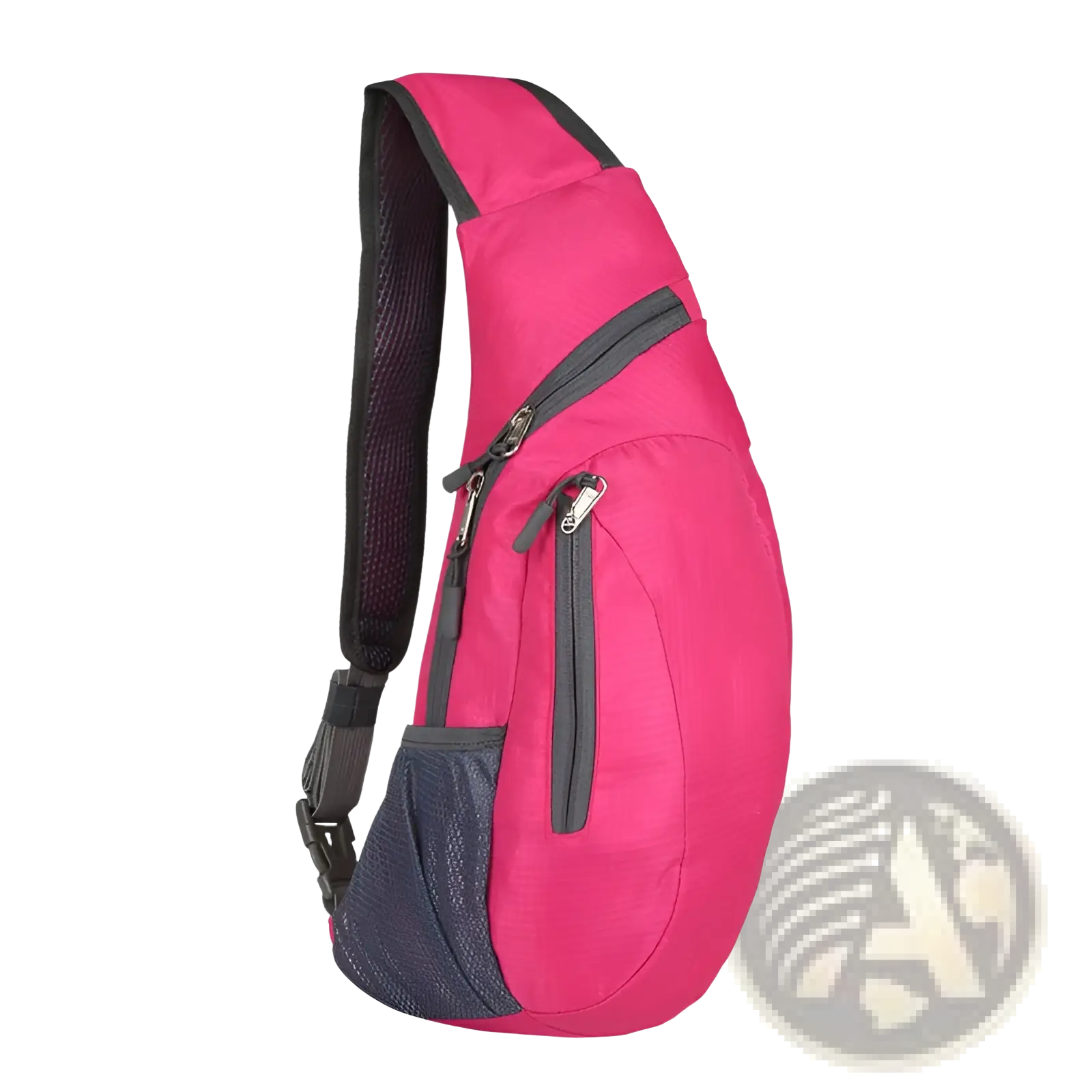 Vibrant pink nylon sling bag with black mesh shoulder strap and gray zipper accents waterproof crossbody backpack