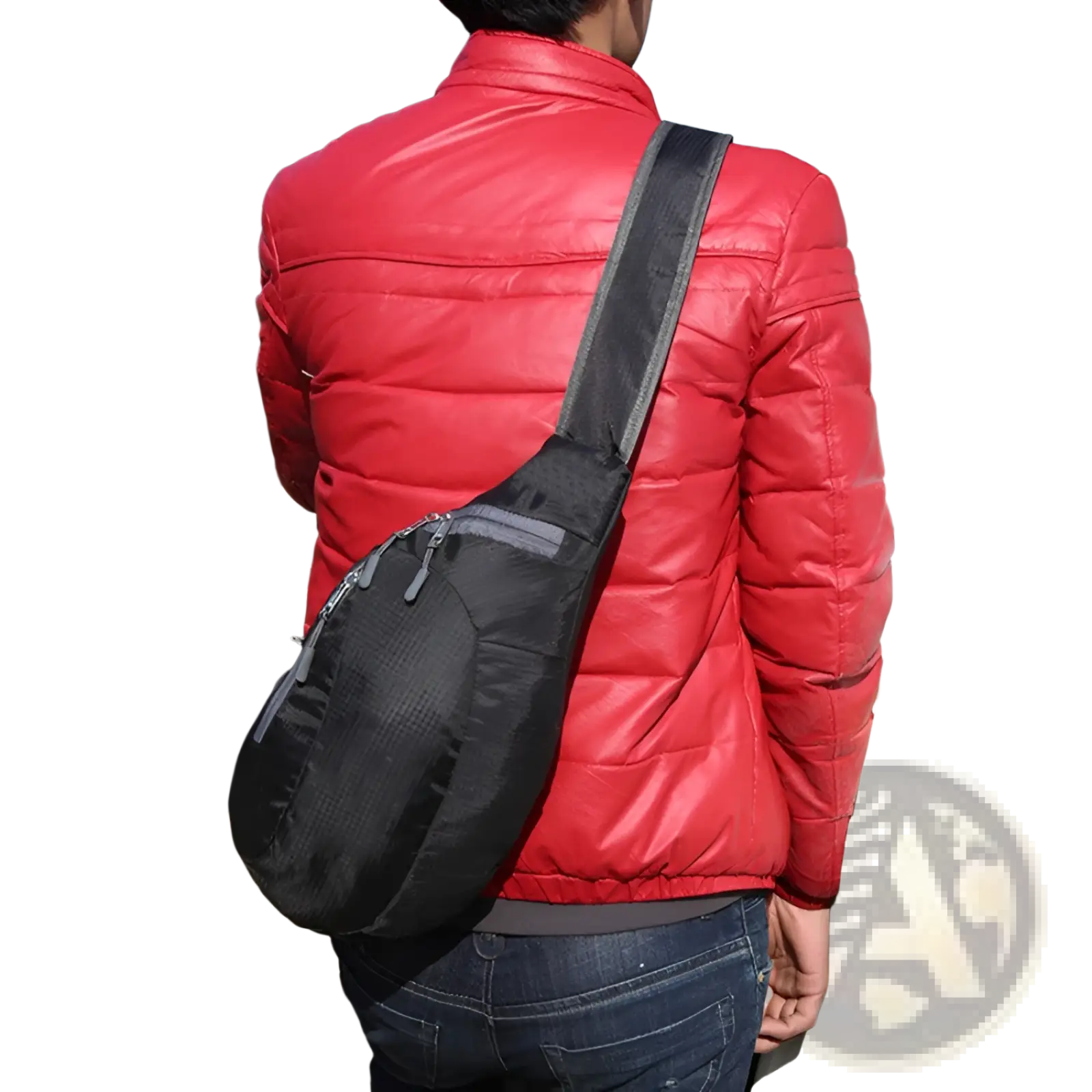 Black nylon sling bag with gray zipper accents and padded shoulder strap for waterproof crossbody use