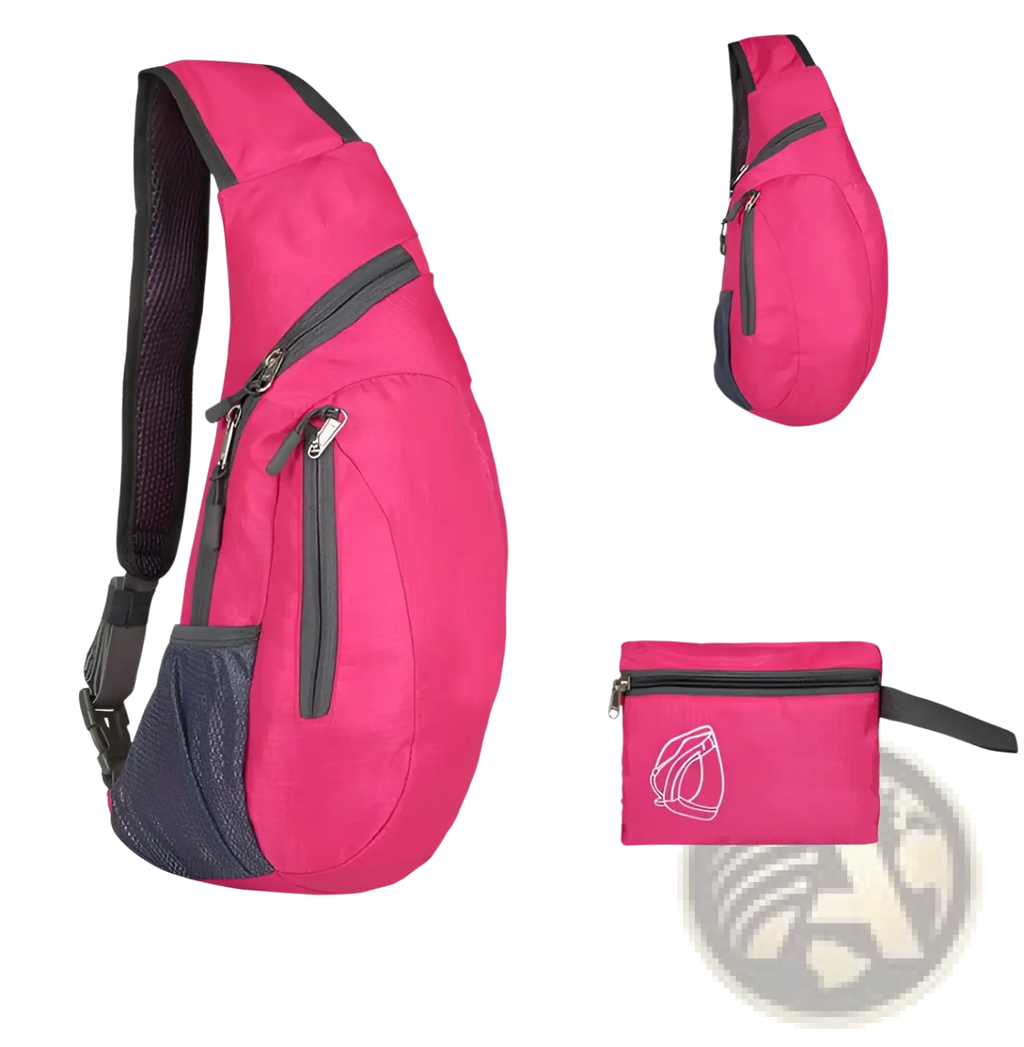 Pink nylon foldable sling bag with black accents and mesh details waterproof crossbody shoulder backpack