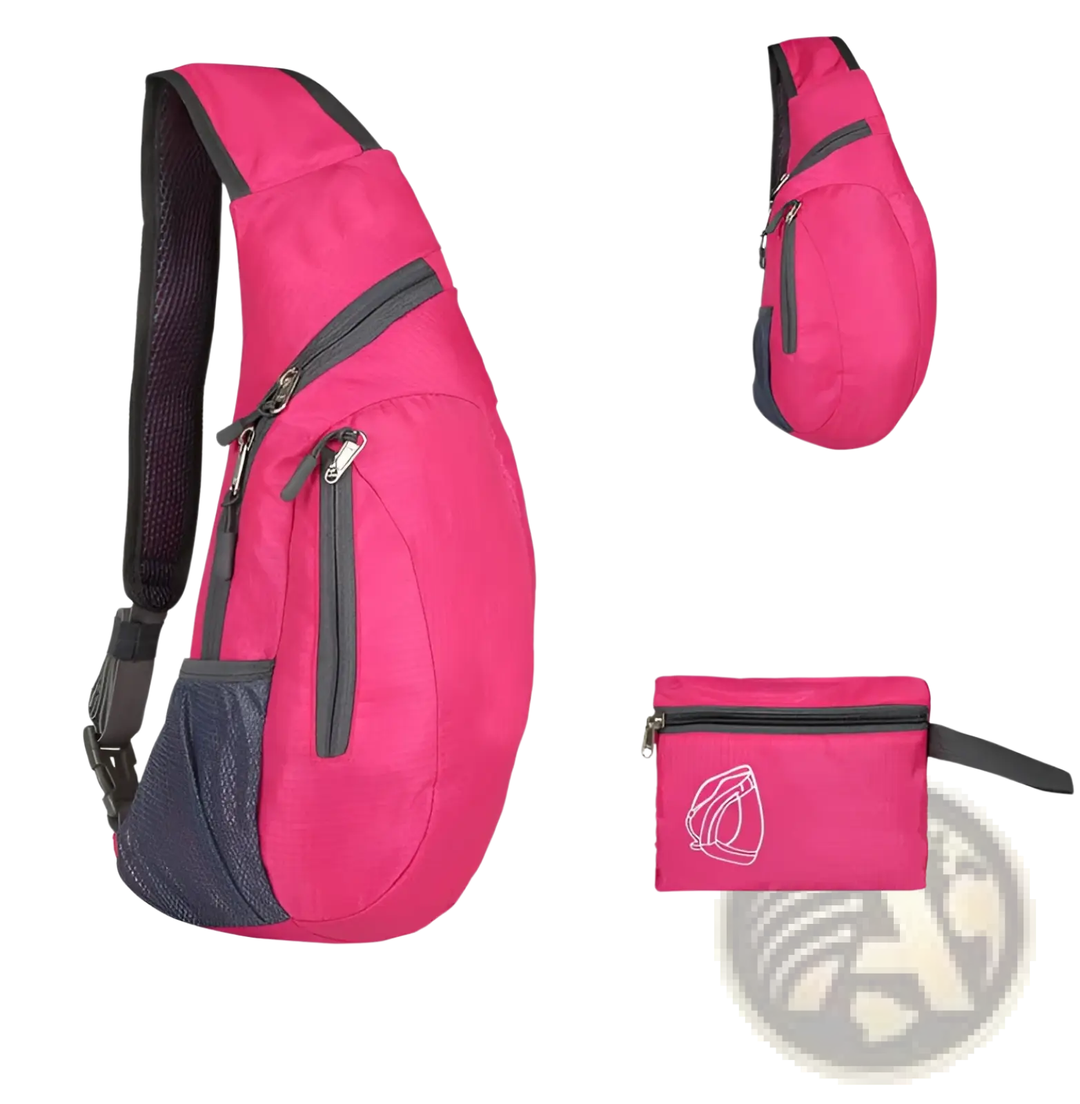 Pink nylon foldable sling bag with black accents and mesh details waterproof crossbody shoulder backpack