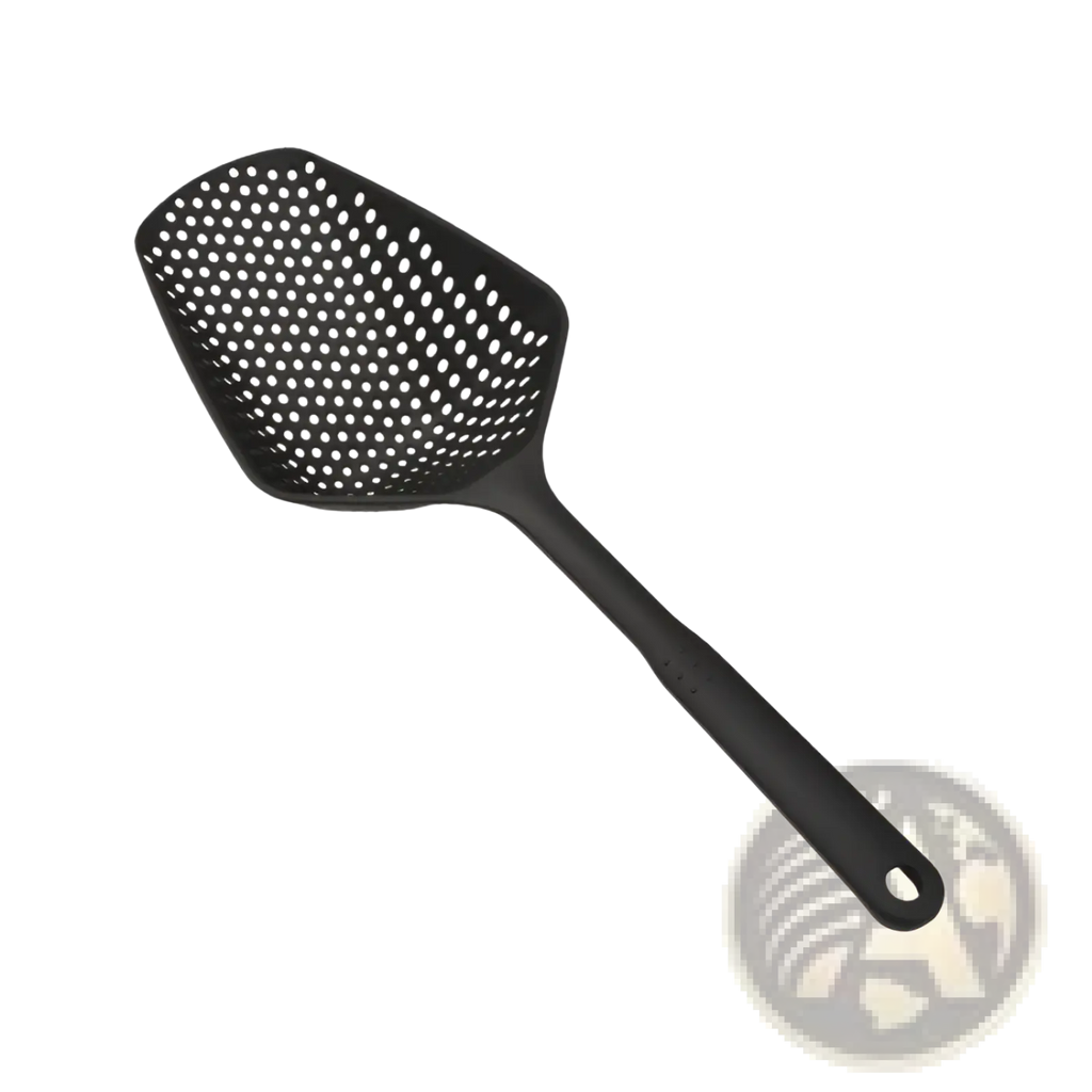 Black silicone nylon strainer scoop colander spatula with perforated head and ergonomic handle for cooking and draining