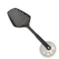 Black silicone nylon strainer scoop colander spatula with perforated head and ergonomic handle for cooking and draining