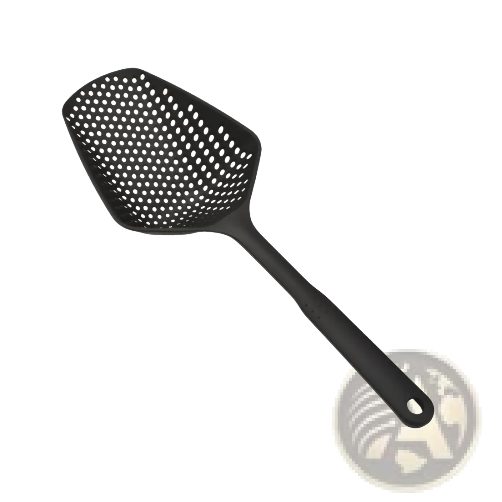 Black silicone nylon strainer scoop colander spatula with perforated head and ergonomic handle for cooking and draining