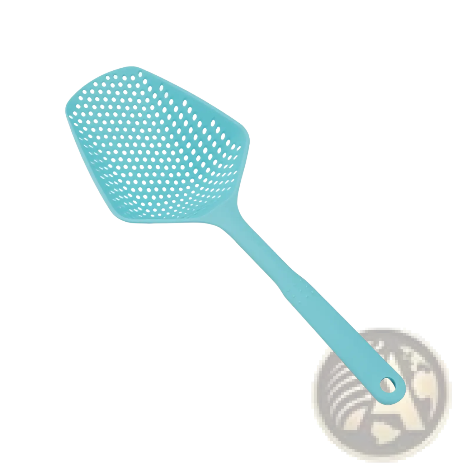 Light blue plastic fly swatter with a perforated head and rounded handle for effective insect control
