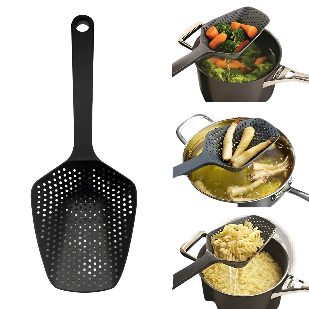 Black nylon strainer scoop colander with long handle and evenly spaced perforations for cooking and draining food