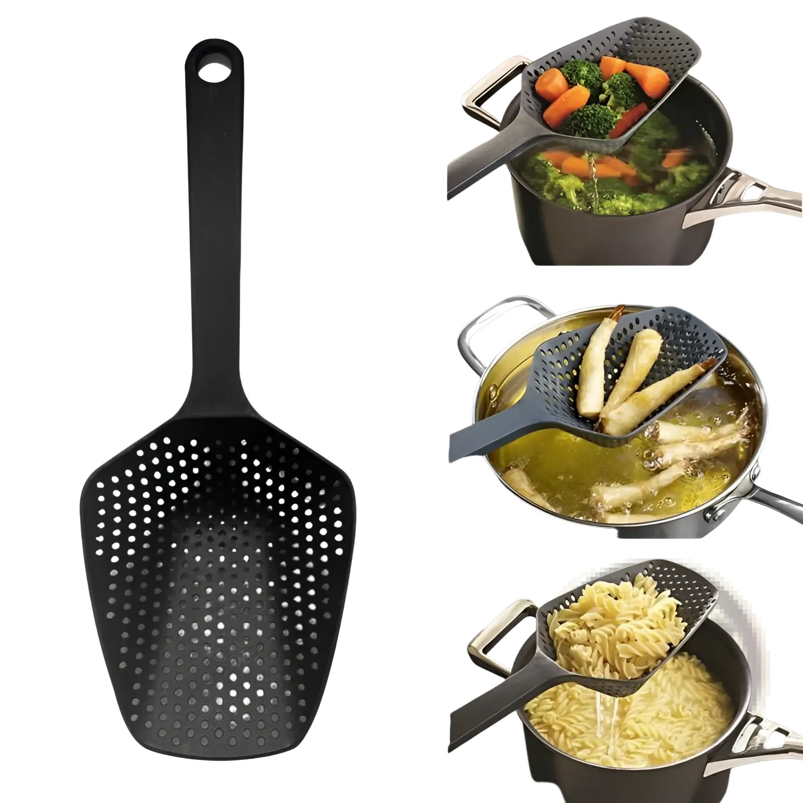 Black nylon strainer scoop colander with long handle and evenly spaced perforations for cooking and draining food