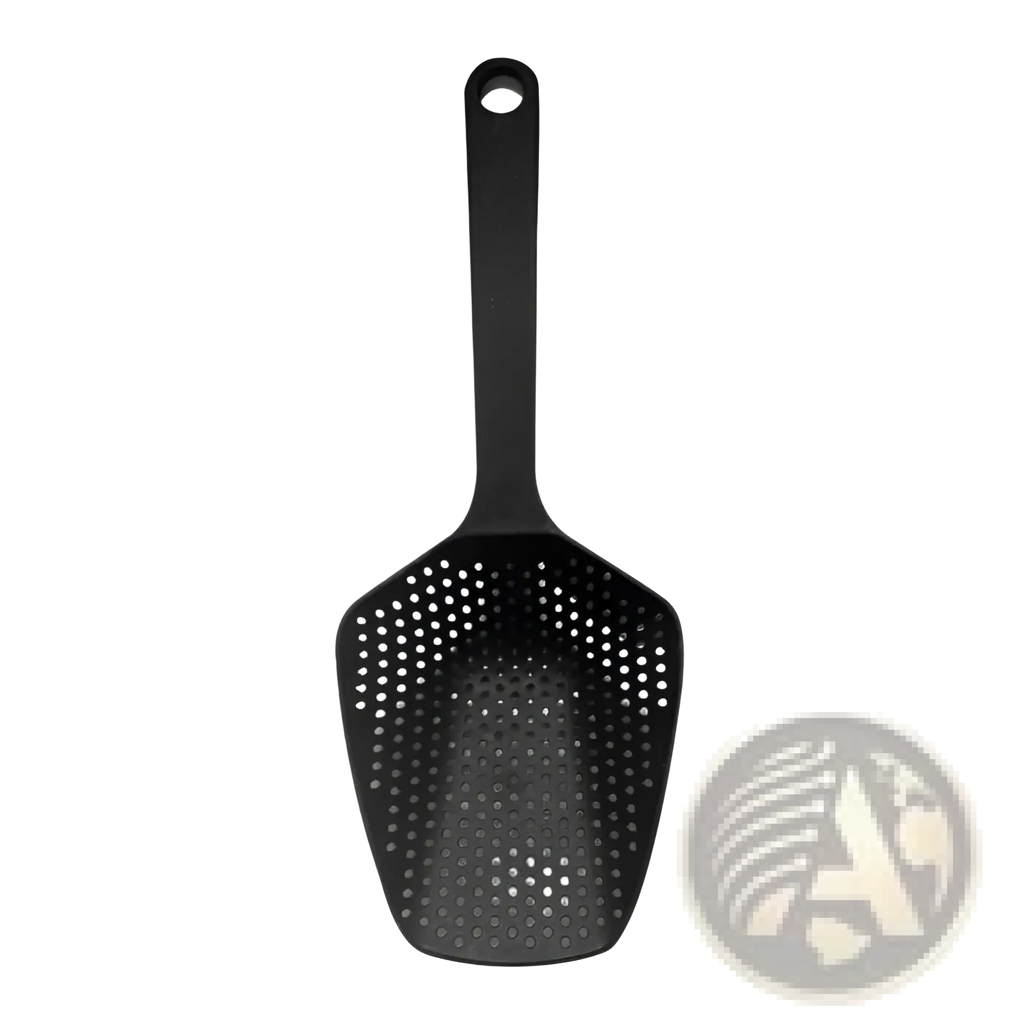 Black nylon slotted spoon with looped handle for cooking and draining in a strainer scoop colander design