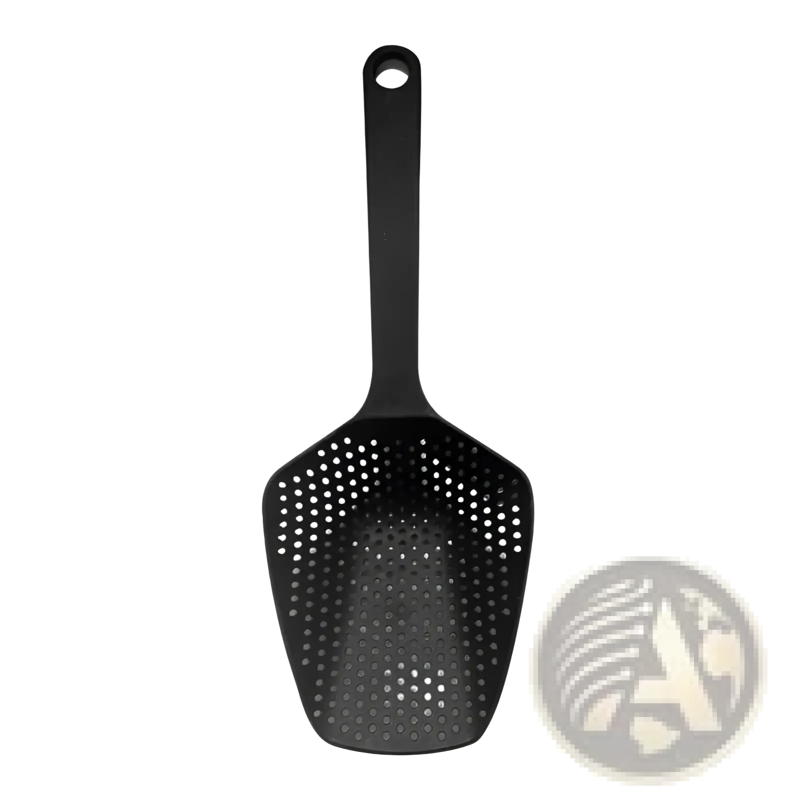 Black nylon slotted spoon with looped handle for cooking and draining in a strainer scoop colander design