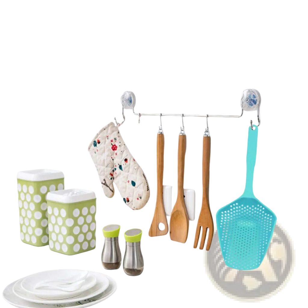 Silver metal wall-mounted kitchen utensil rack with suction cups designed for nylon strainer scoop colander storage