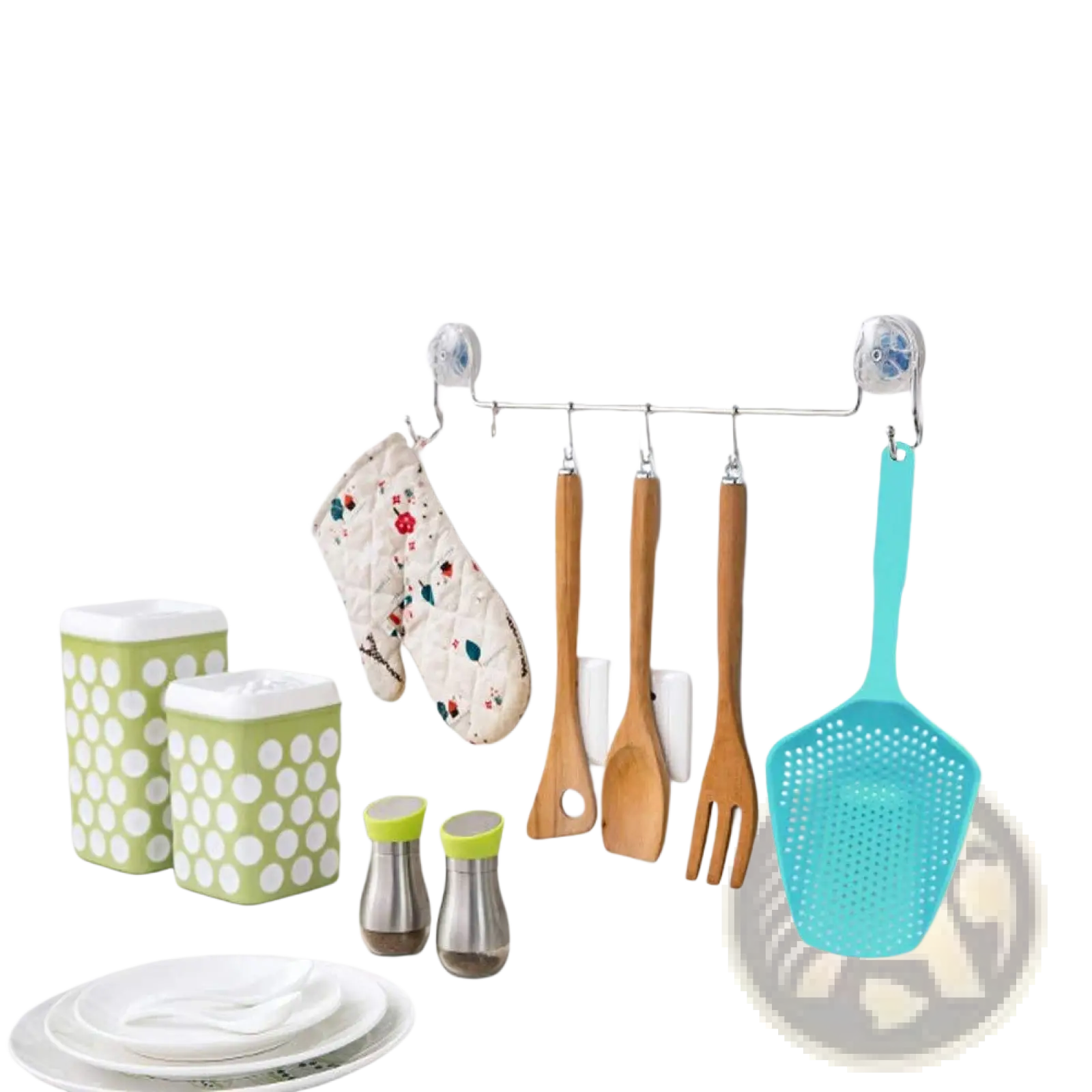 Silver metal wall-mounted kitchen utensil rack with suction cups designed for nylon strainer scoop colander storage