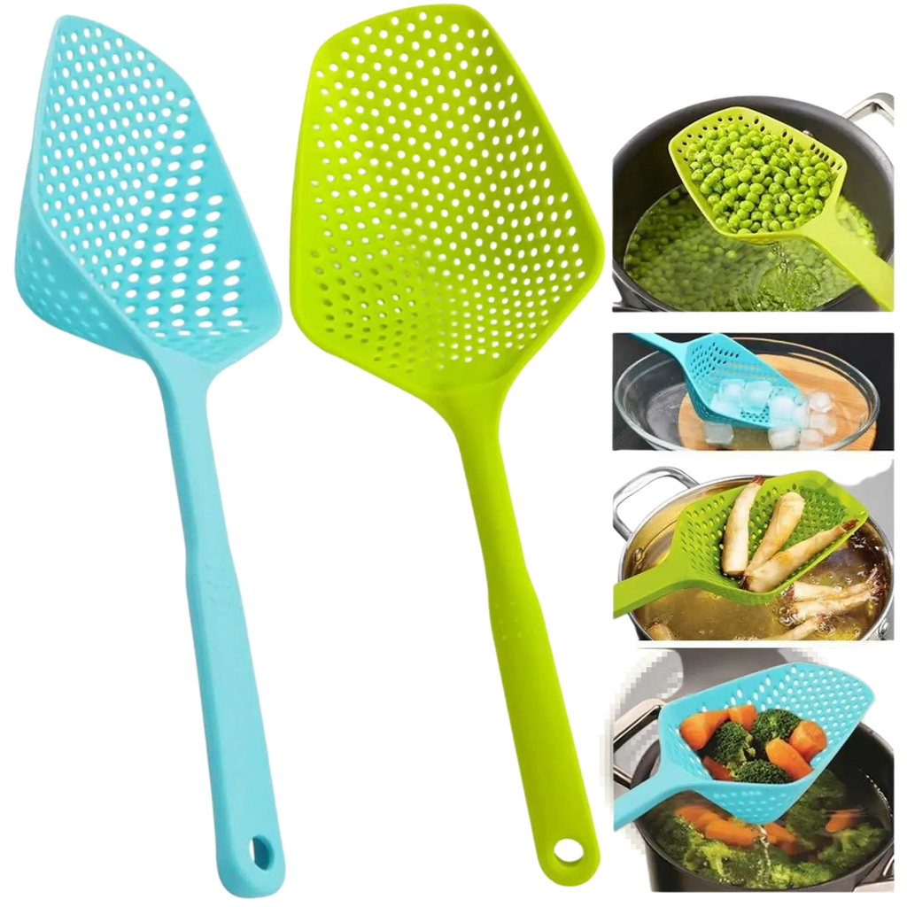 Set of two colorful silicone slotted spoons in light blue and lime green for cooking and draining nylon strainer scoop colander