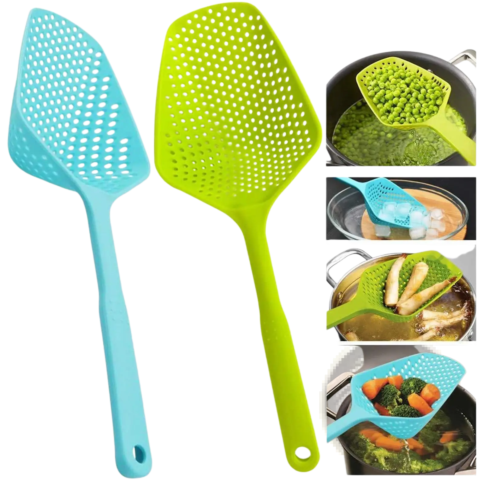 Set of two colorful silicone slotted spoons in light blue and lime green for cooking and draining nylon strainer scoop colander