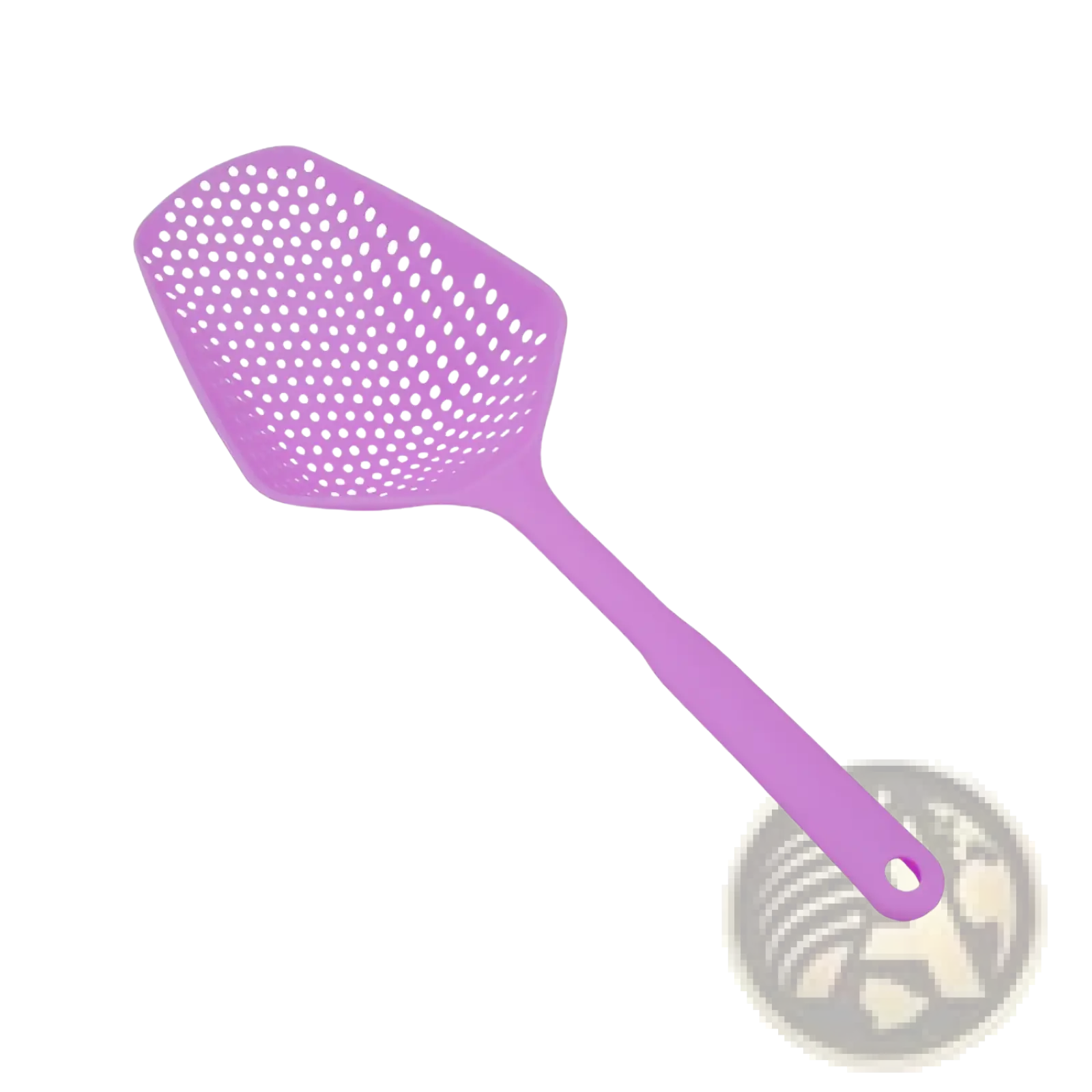 Purple plastic fly swatter with perforated head and rounded handle for effective cooking and draining tasks
