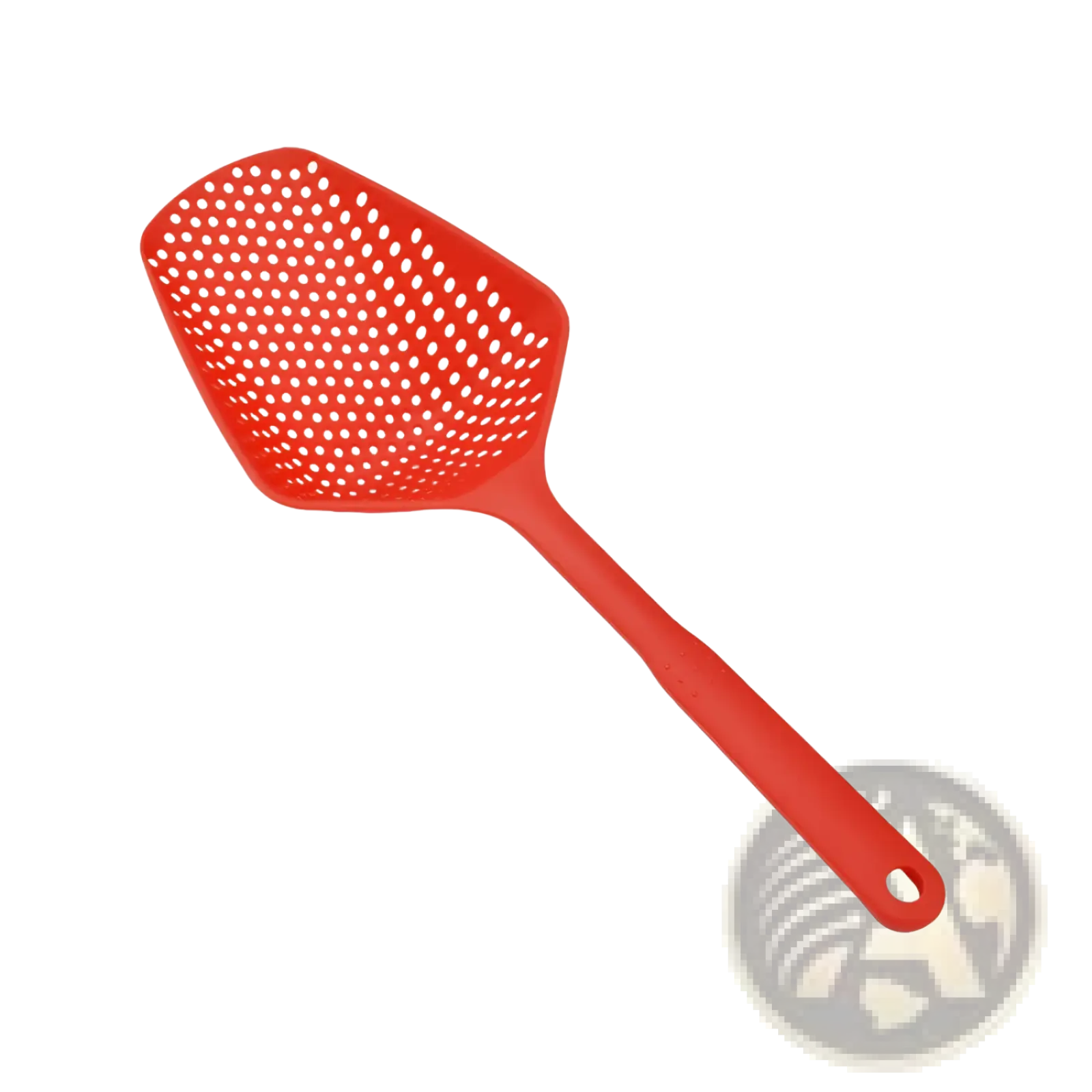 Red silicone fly swatter with perforated head and ergonomic handle used for cooking and draining tasks