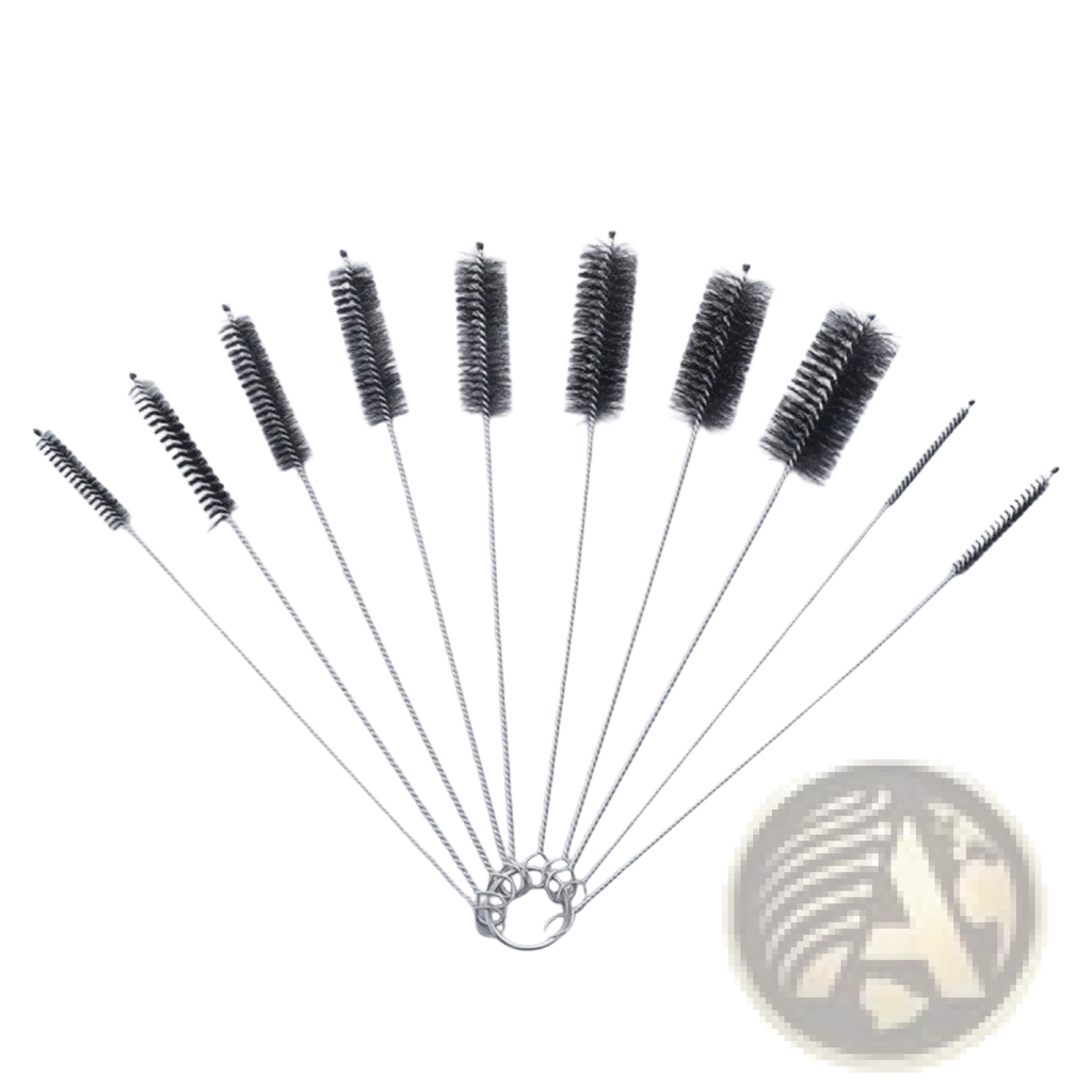 Nylon straw cleaning brush set with black bristles and stainless steel handles arranged in a circular ring