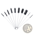Nylon straw cleaning brush set with black bristles and stainless steel handles arranged in a circular ring