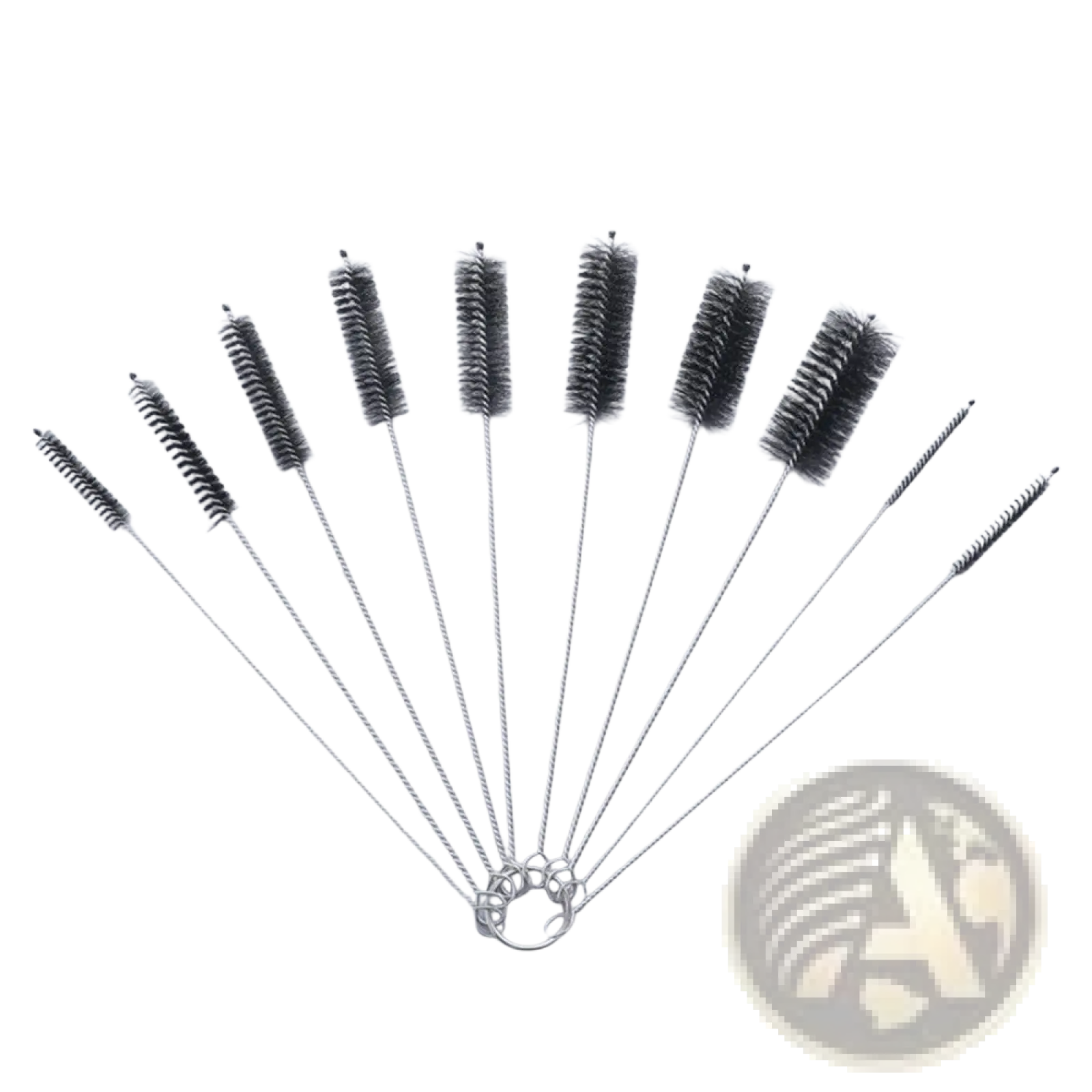 Nylon straw cleaning brush set with black bristles and stainless steel handles arranged in a circular ring